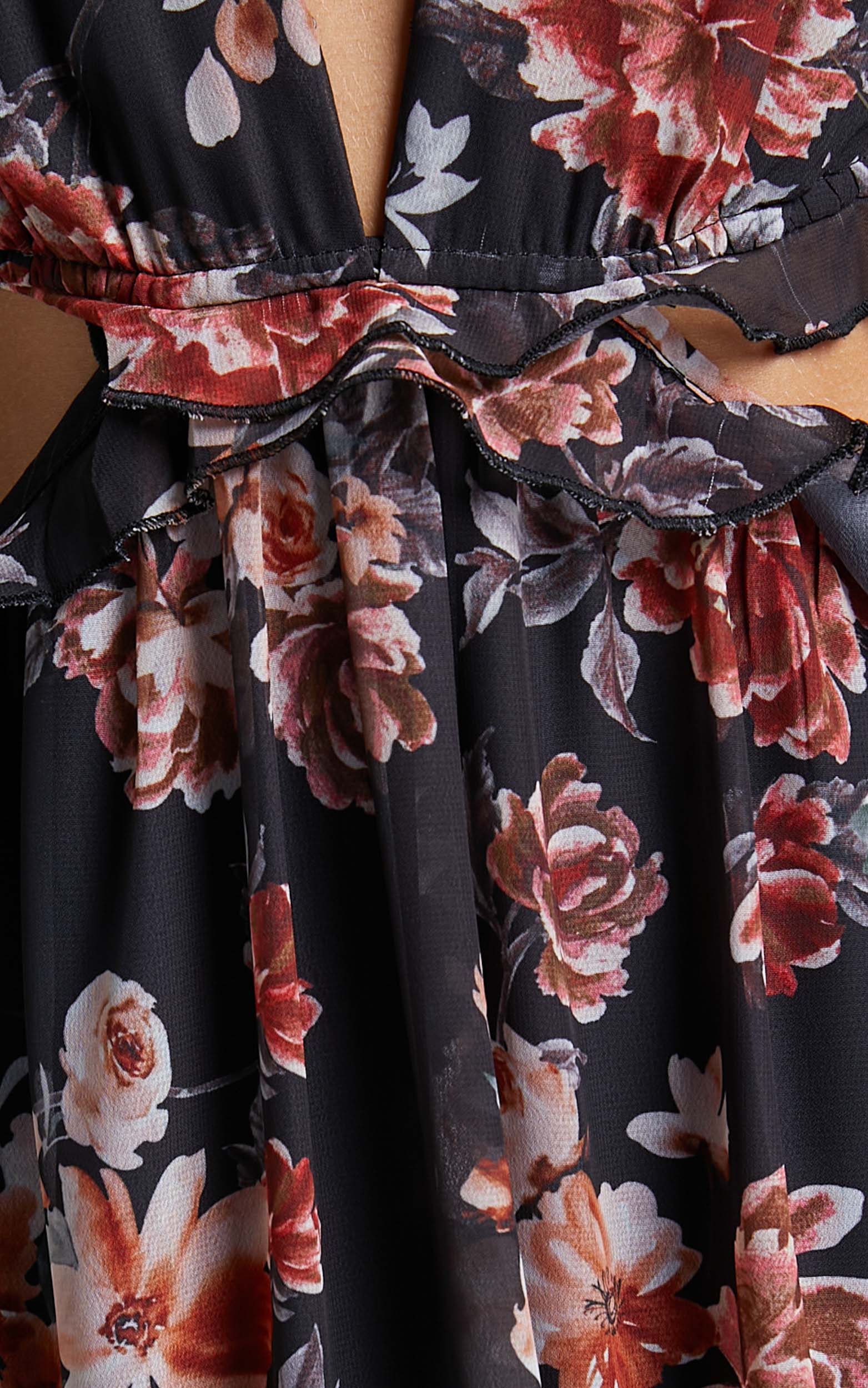Kakai Midi Dress - Plunge Front Long Sleeve Ruffled Dress in Black Floral