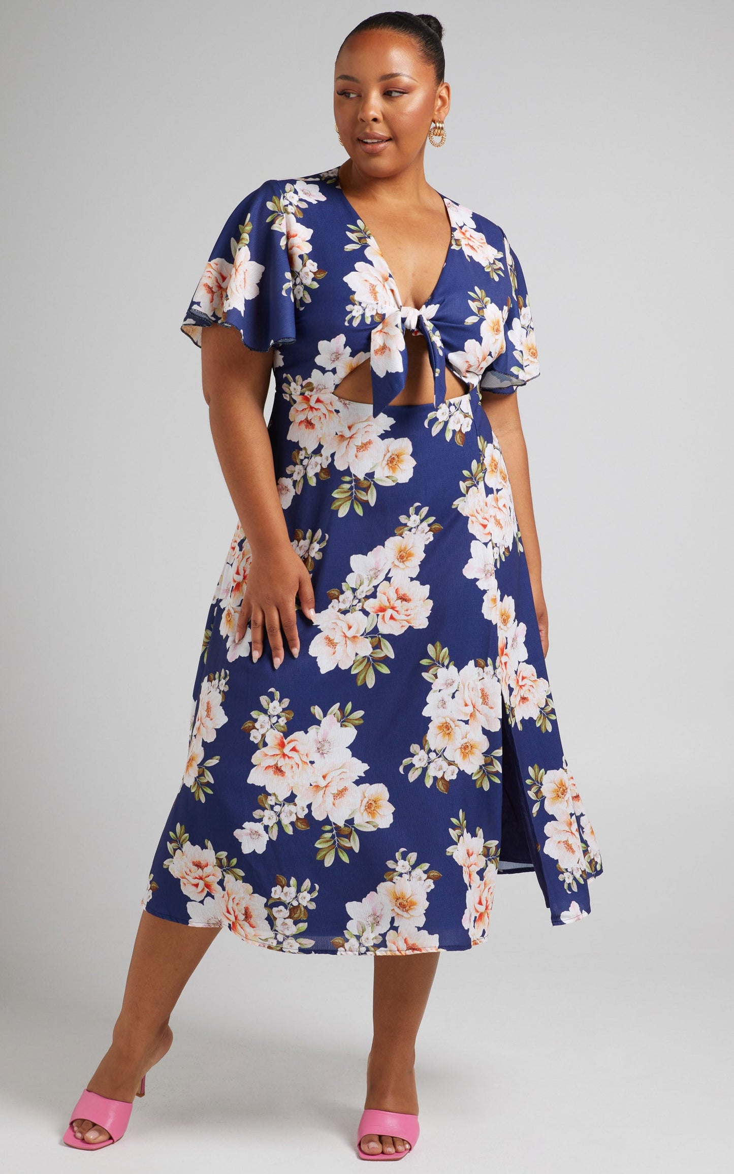 Wild And Free Mind Midi Dress - Front Tie Cut Out Dress in Royal Floral