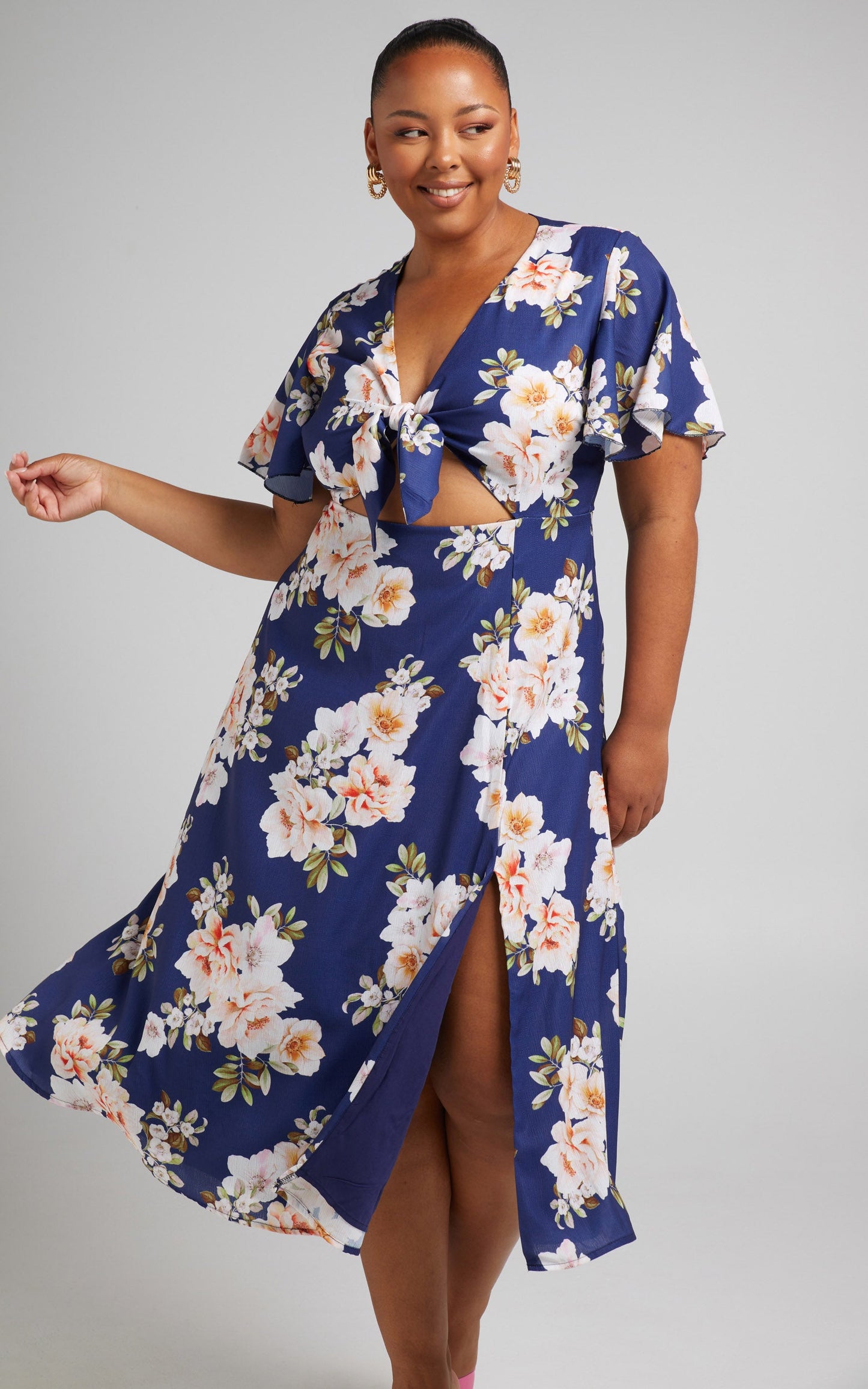 Wild And Free Mind Midi Dress - Front Tie Cut Out Dress in Royal Floral