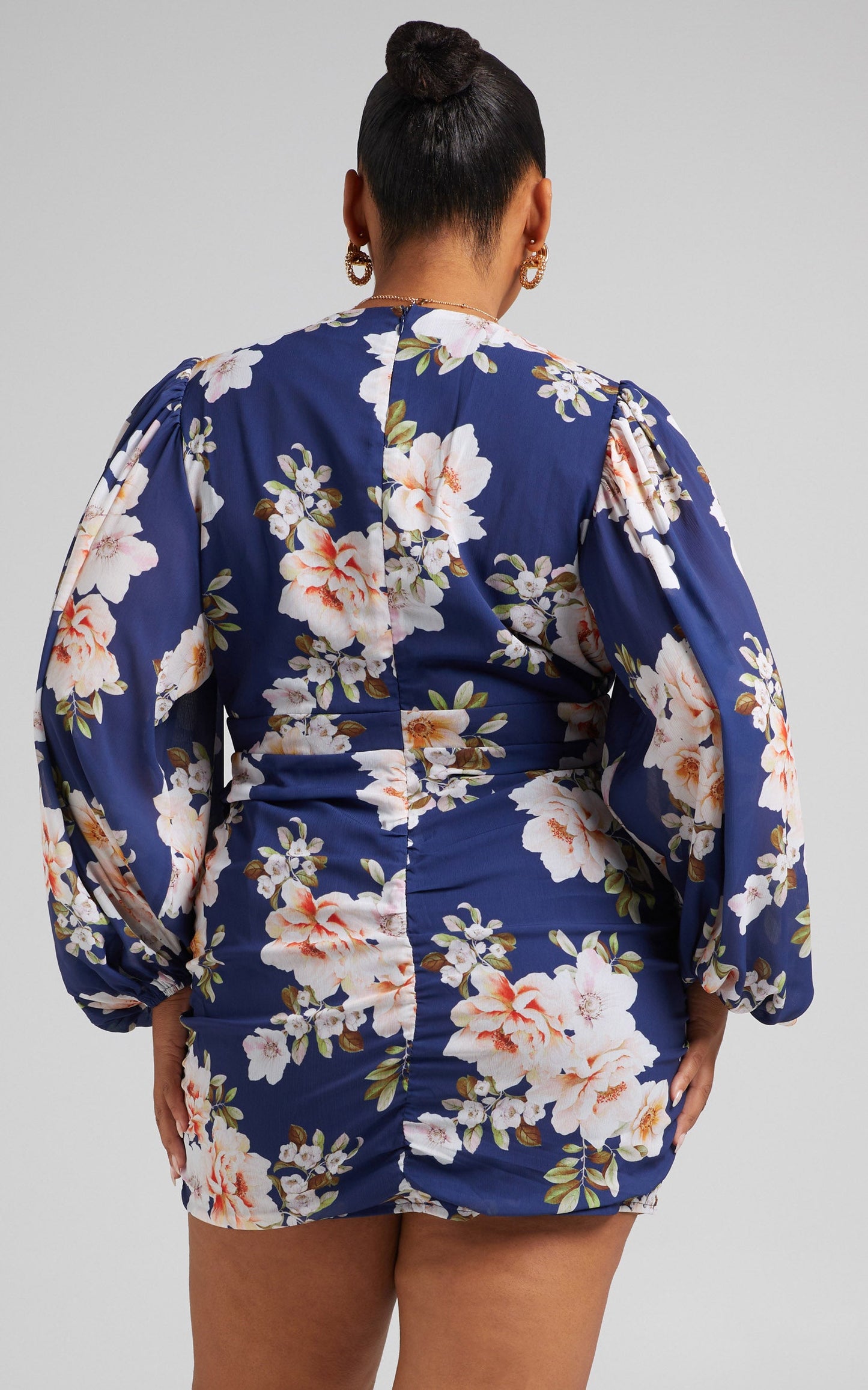 Latiana Mini Dress - Ruched Plunge Neck Dress in Royal Floral