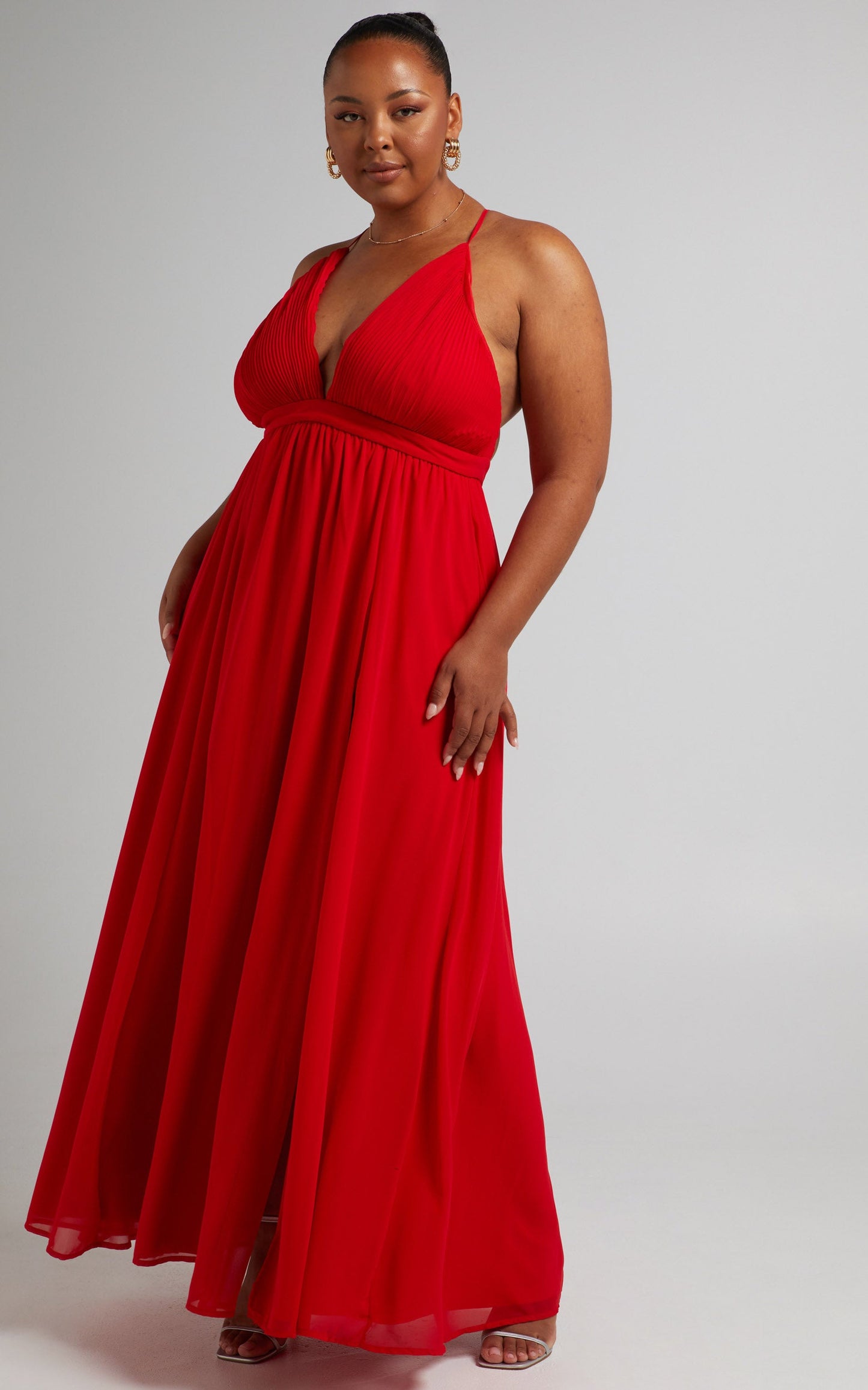 Shes A Delight Midi Dress - Plunge Thigh Split Dress in Red