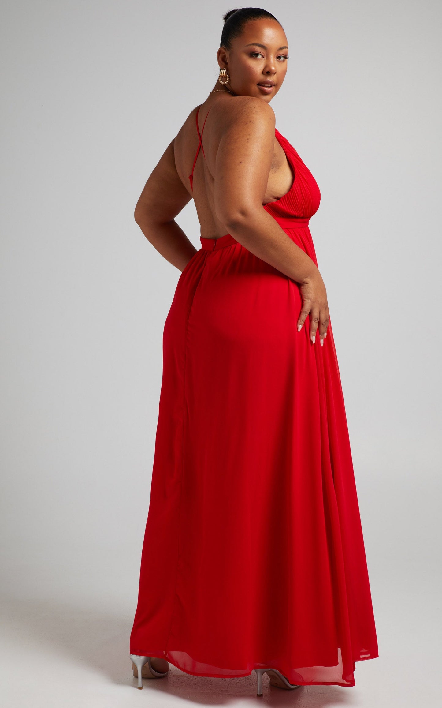 Shes A Delight Midi Dress - Plunge Thigh Split Dress in Red