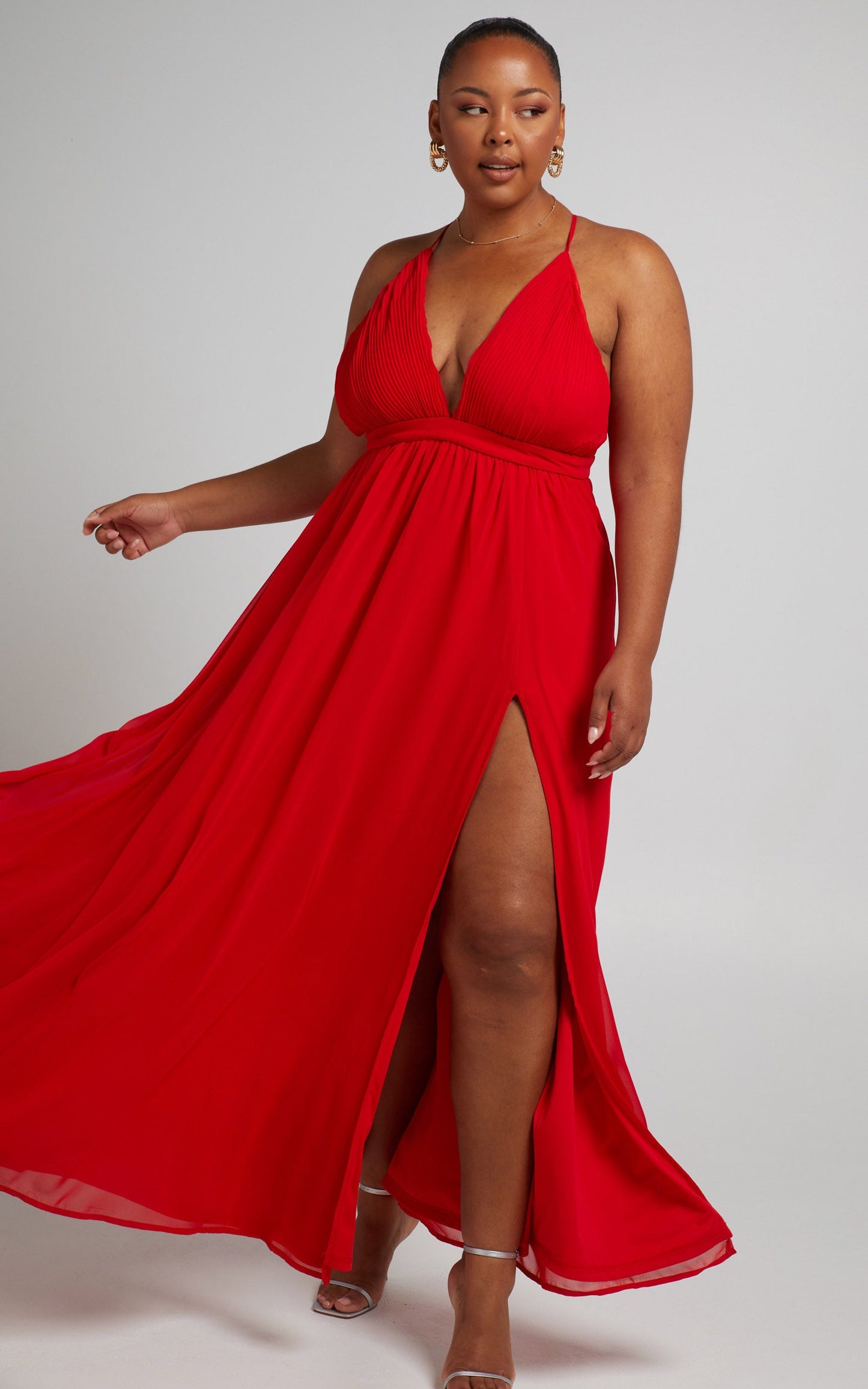 Shes A Delight Midi Dress - Plunge Thigh Split Dress in Red