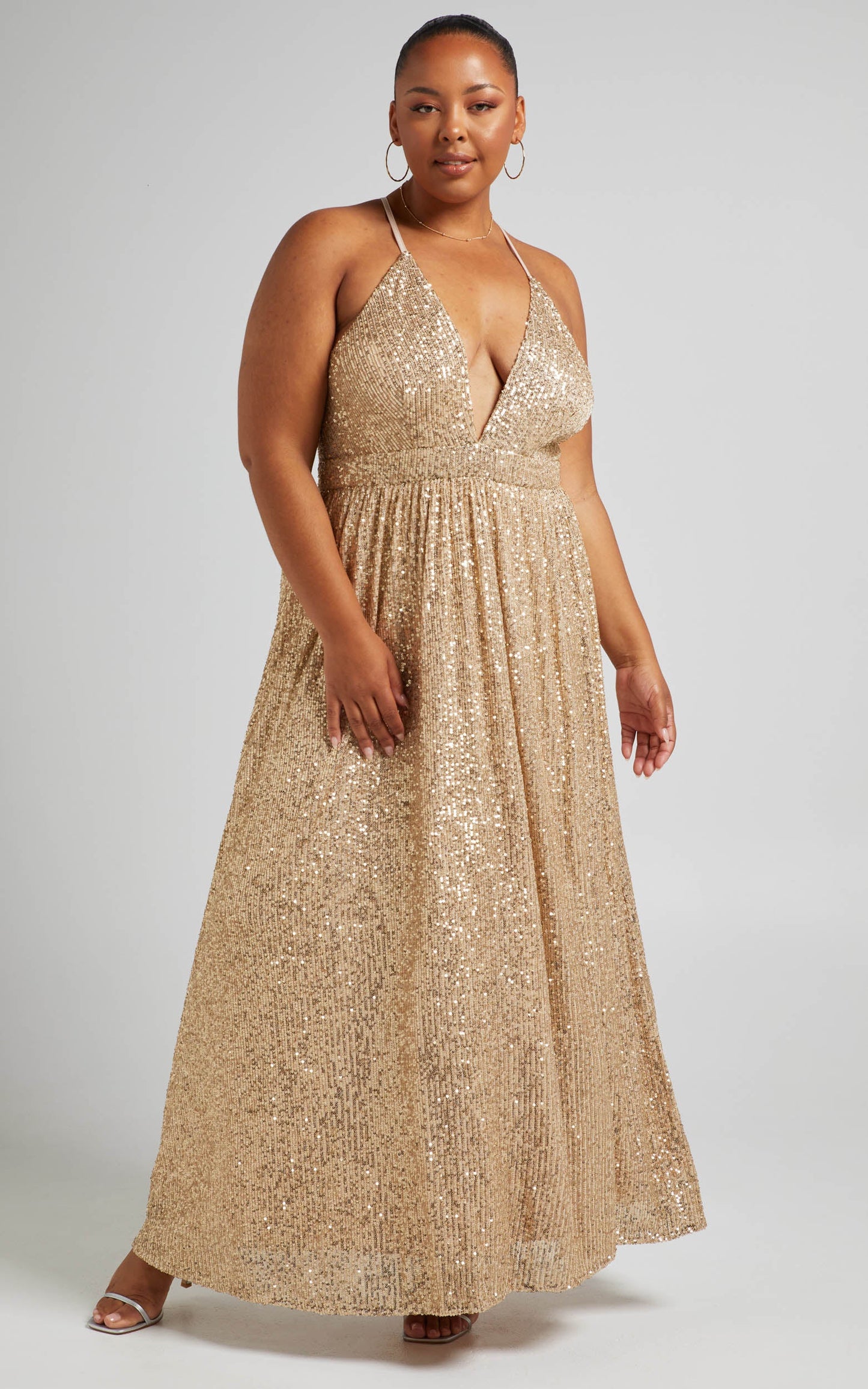 Katniss Maxi Dress - Plunge Neck Formal Dress in Champagne Sequin