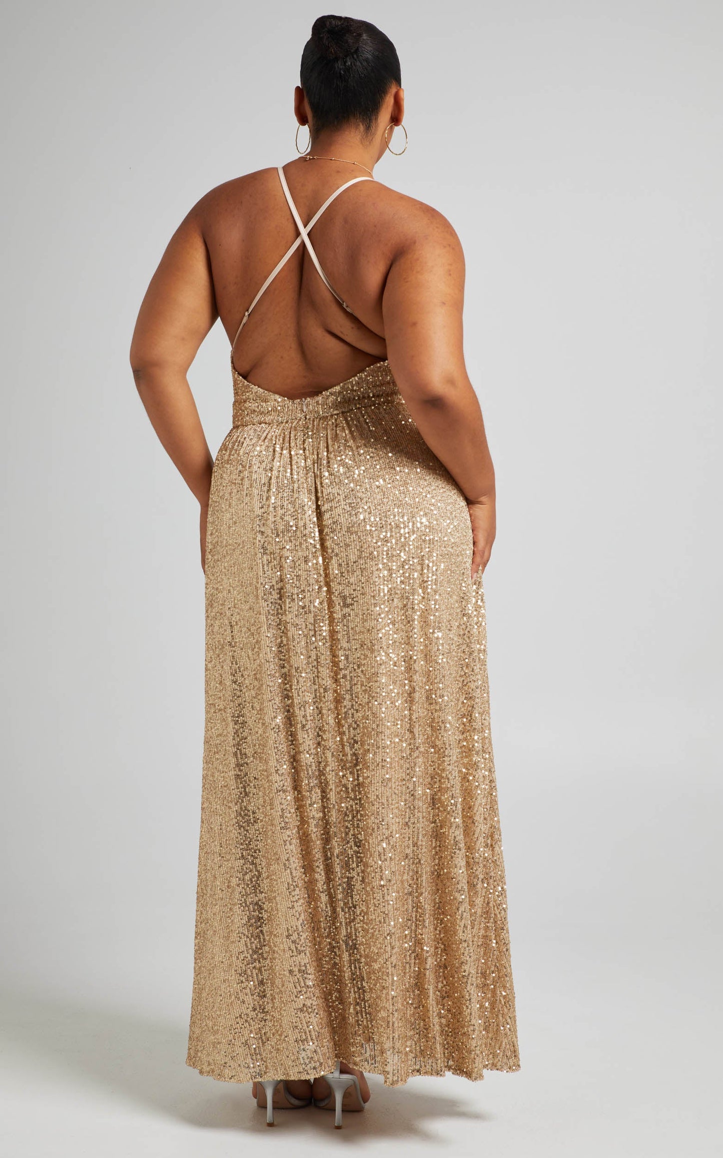 Katniss Maxi Dress - Plunge Neck Formal Dress in Champagne Sequin