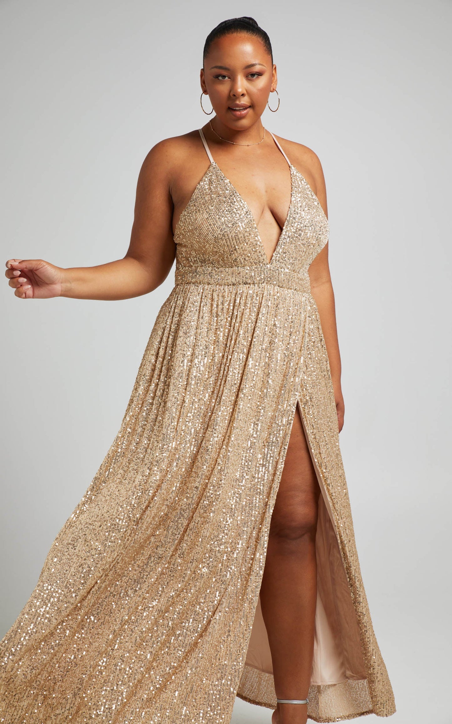 Katniss Maxi Dress - Plunge Neck Formal Dress in Champagne Sequin