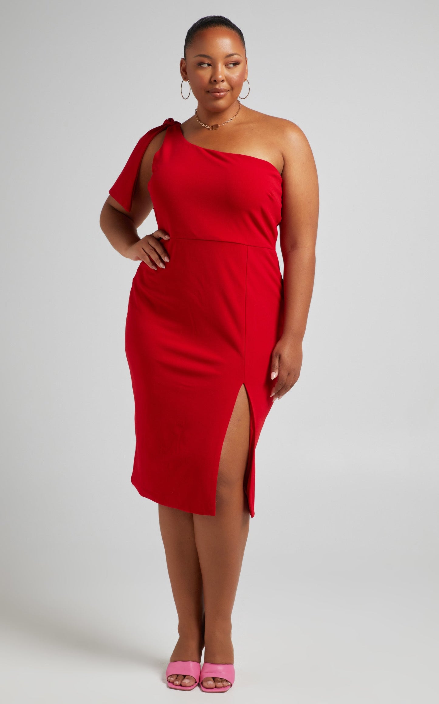 I Got A Feeling Midi Dress - One Shoulder Side Split Dress in Red