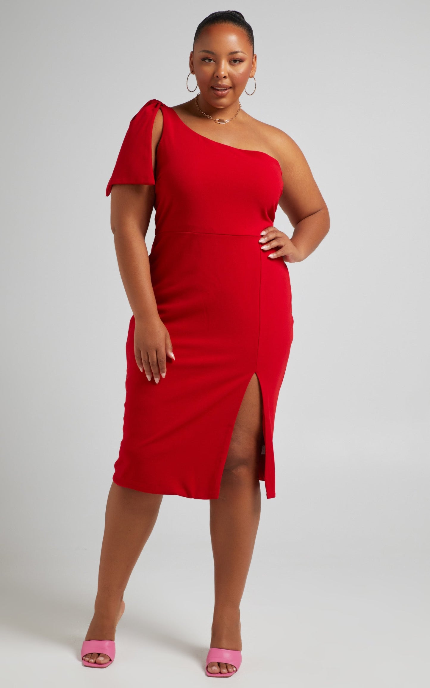 I Got A Feeling Midi Dress - One Shoulder Side Split Dress in Red