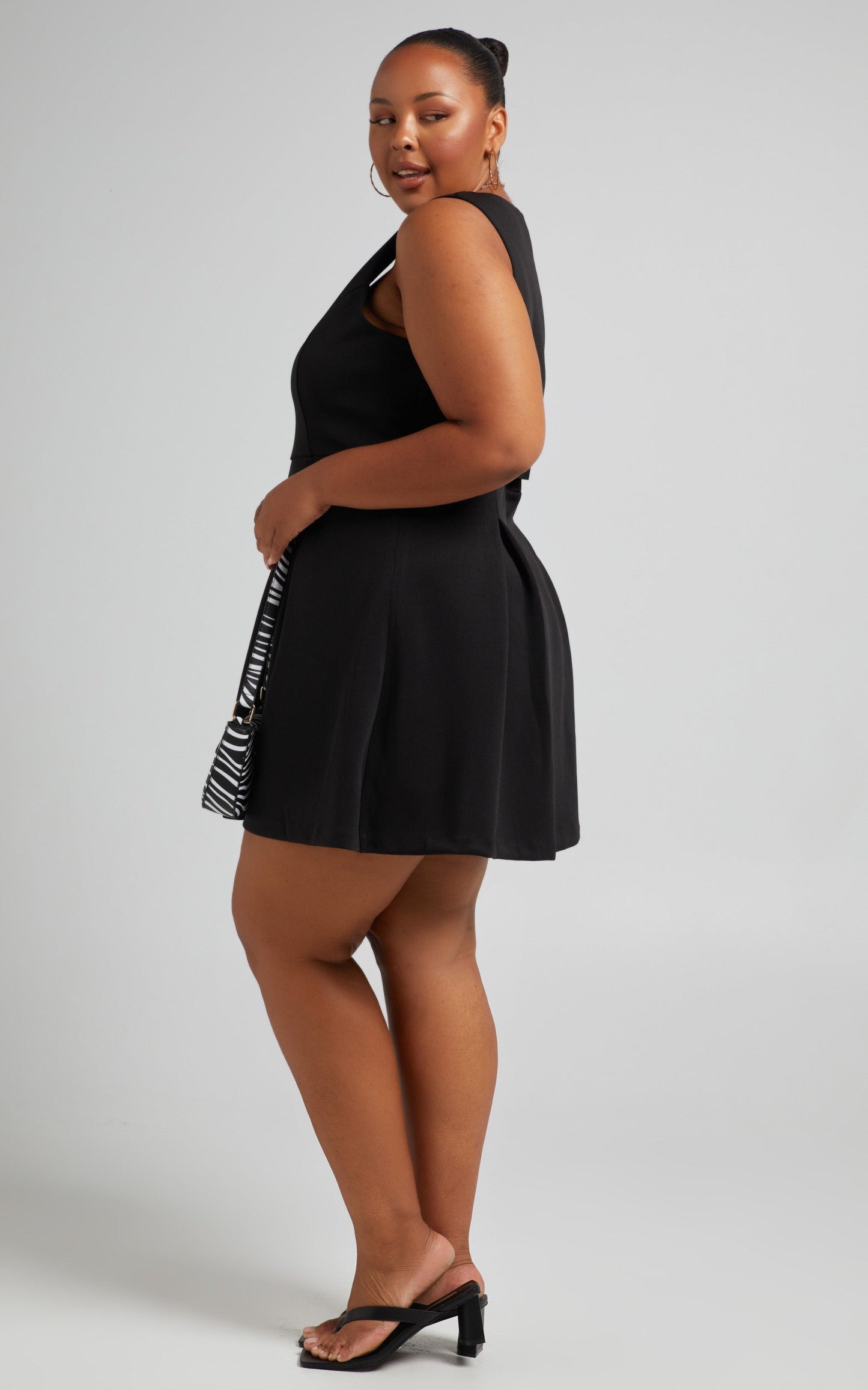 Jossy Mini V Neckline Dress with Flared Skirt in Black