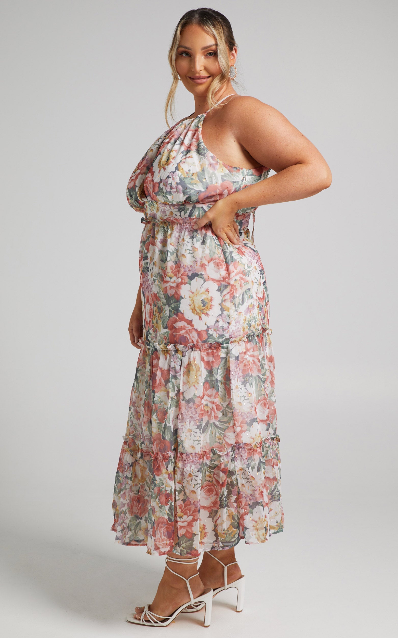 Lille Halter Lurex Chiffon Cocktail Dress in Heritage Floral
