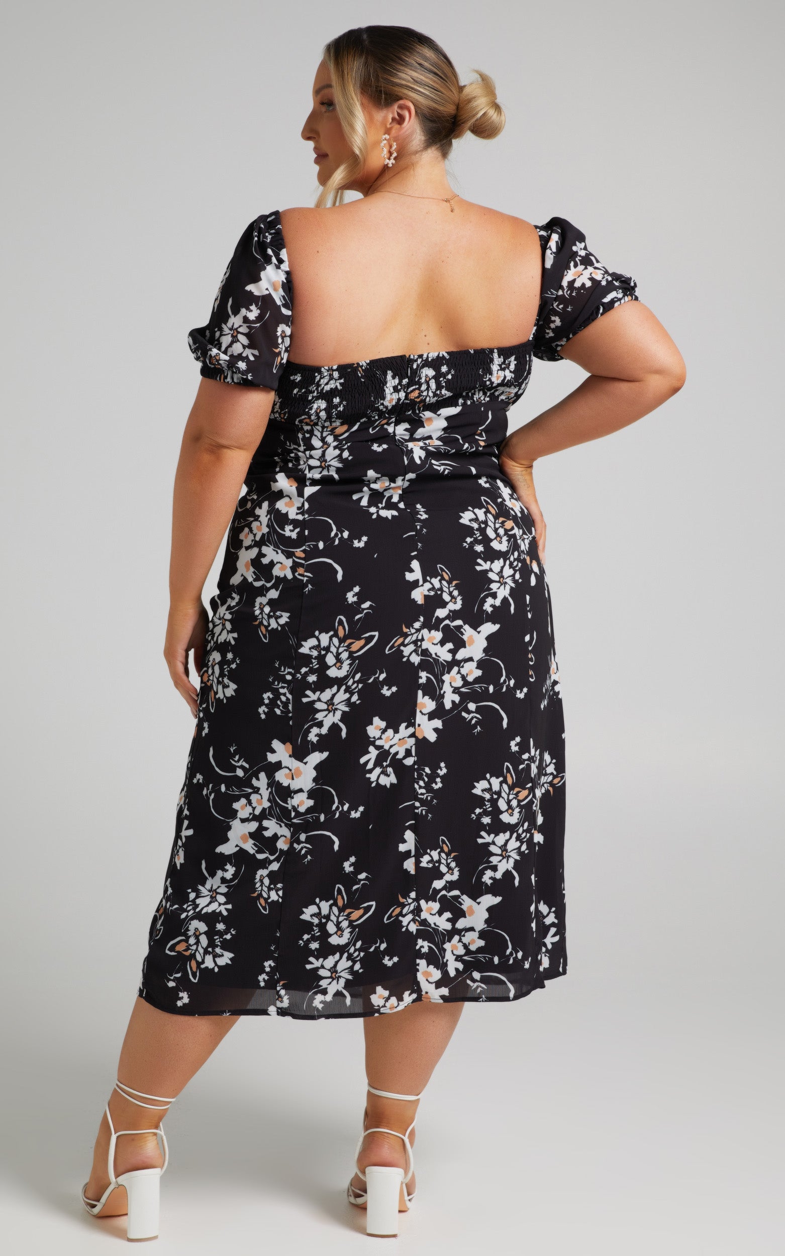 Cyia Midi Dress - Tie Bust with Leg Slit Dress in Black Floral