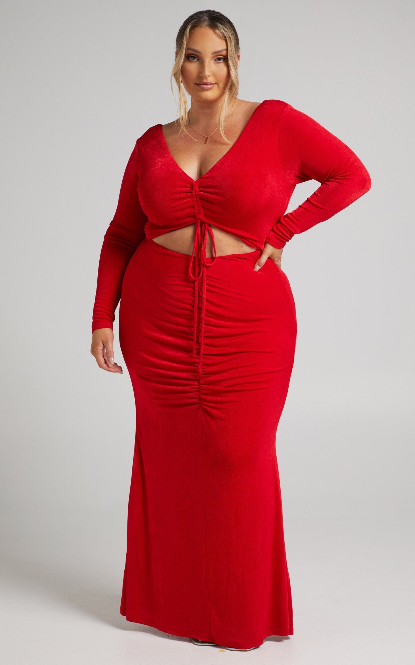 Lina long sleeve maxi dress with cut out in Red