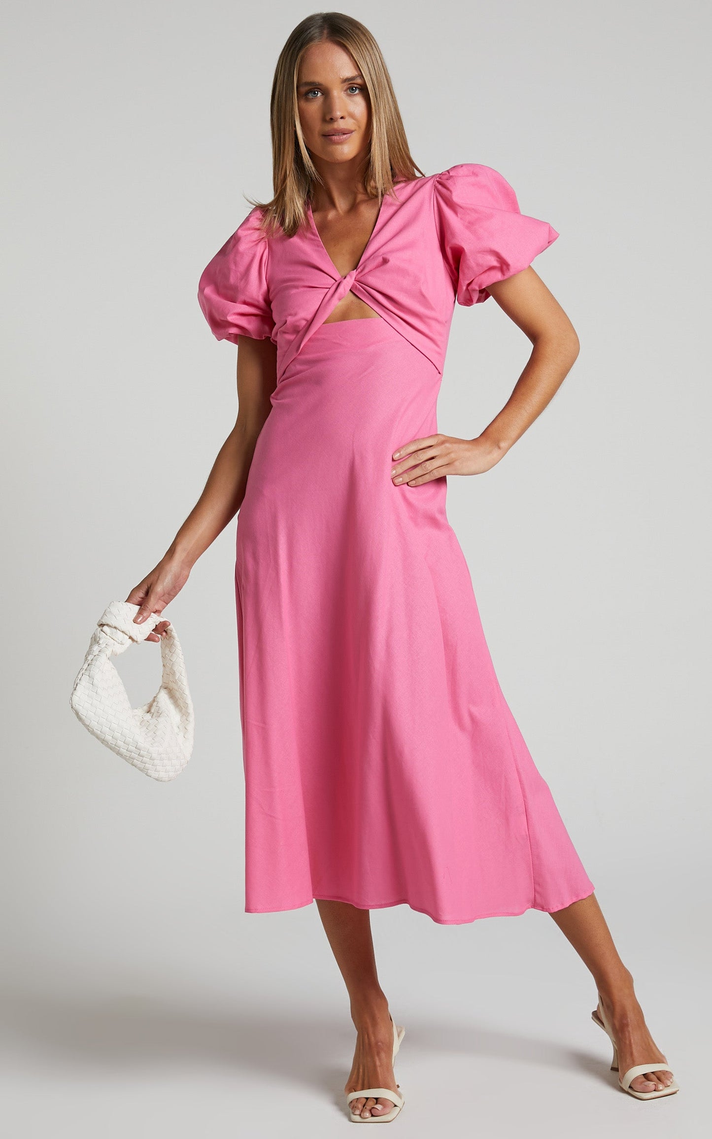 Kalilah Midi Dress - Linen Look Twist Front Cut Out Puff Sleeve Dress in Pink