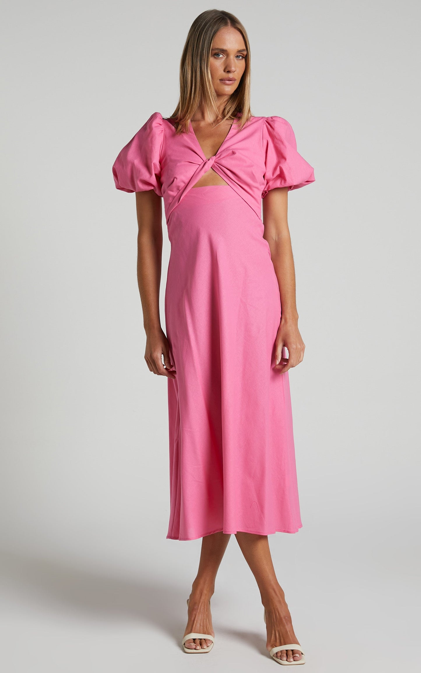 Kalilah Midi Dress - Linen Look Twist Front Cut Out Puff Sleeve Dress in Pink