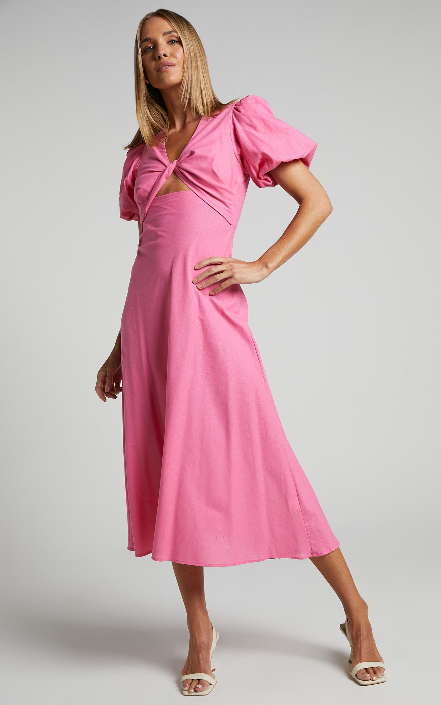 Kalilah Midi Dress - Linen Look Twist Front Cut Out Puff Sleeve Dress in Pink