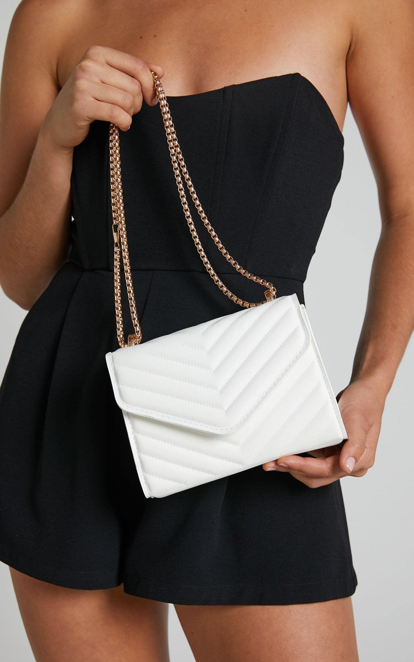 Kalinda Bag - Double Box Chain Shoulder Bag in White