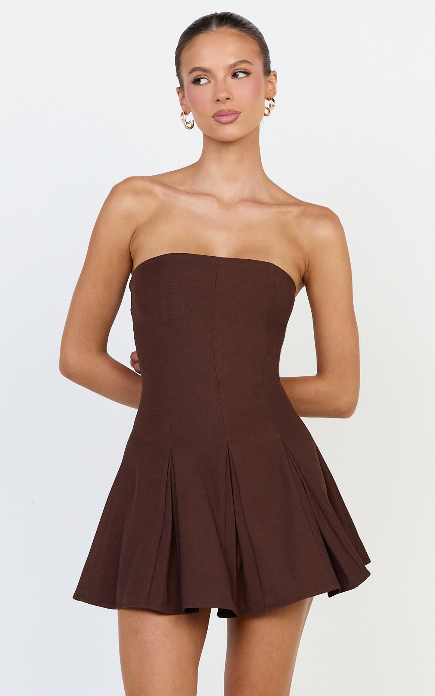 Kalliste Mini Dress - Strapless Godet Pleat Fit And Flare Dress in Chocolate