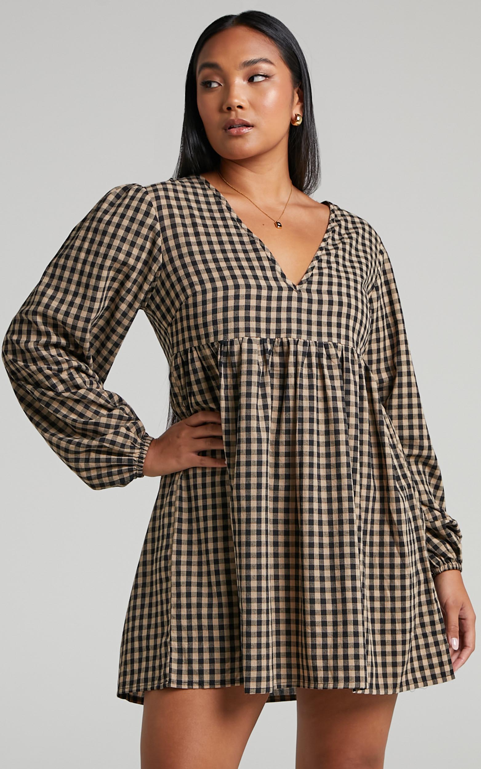 Kamrin Long Sleeve Mini Shift Dress in Gingham