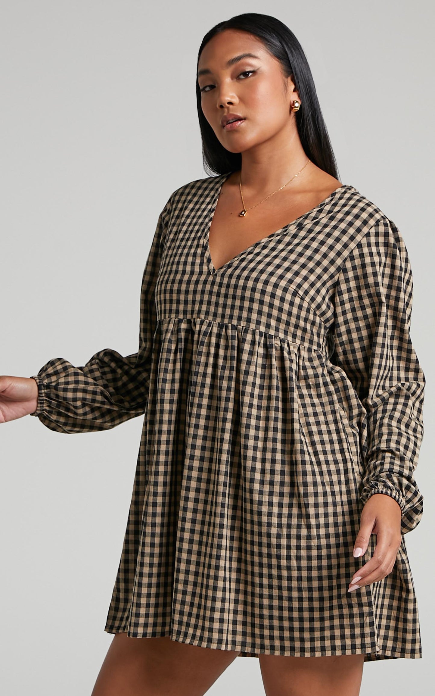 Kamrin Long Sleeve Mini Shift Dress in Gingham
