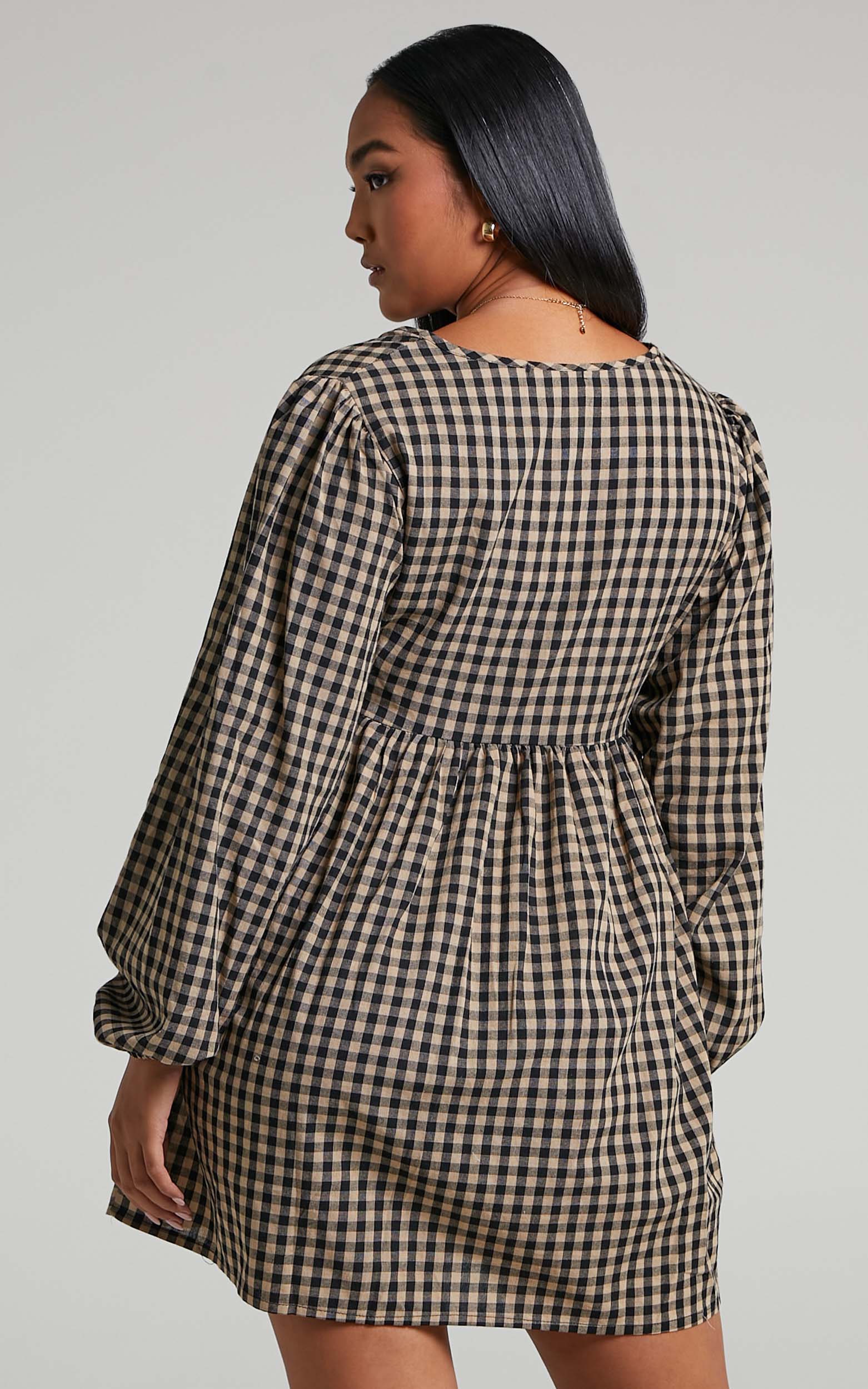 Kamrin Long Sleeve Mini Shift Dress in Gingham