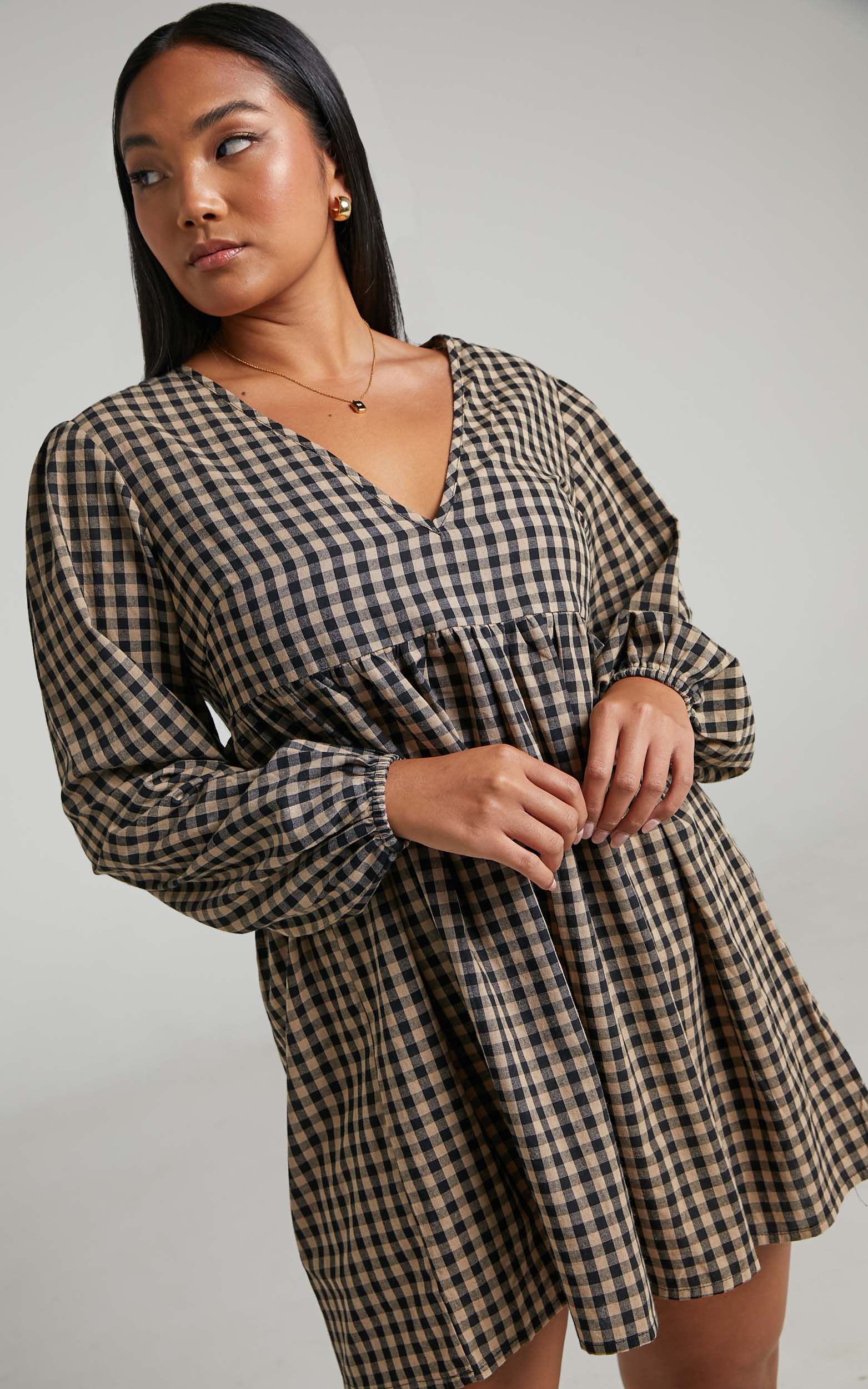 Kamrin Long Sleeve Mini Shift Dress in Gingham