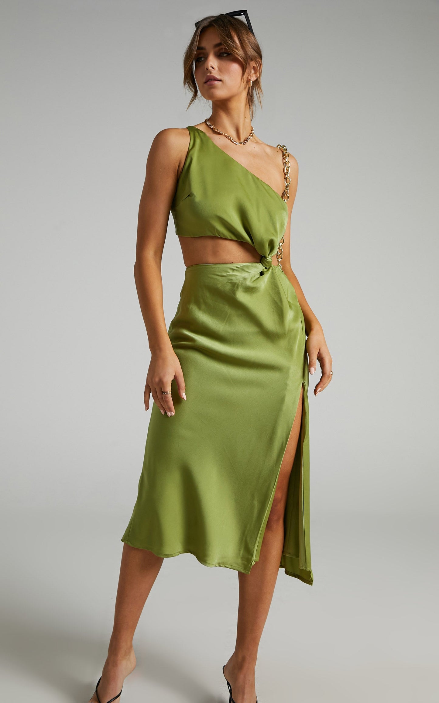 Kaniva Midi Dress - One Shoulder Open Back Dress in Olive