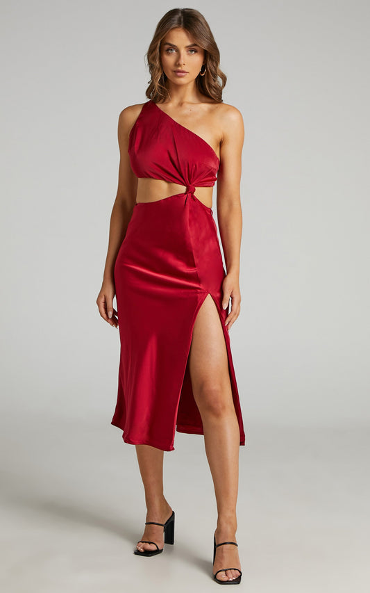 Kaniva Midi Dress - One Shoulder Open Back Dress in Red