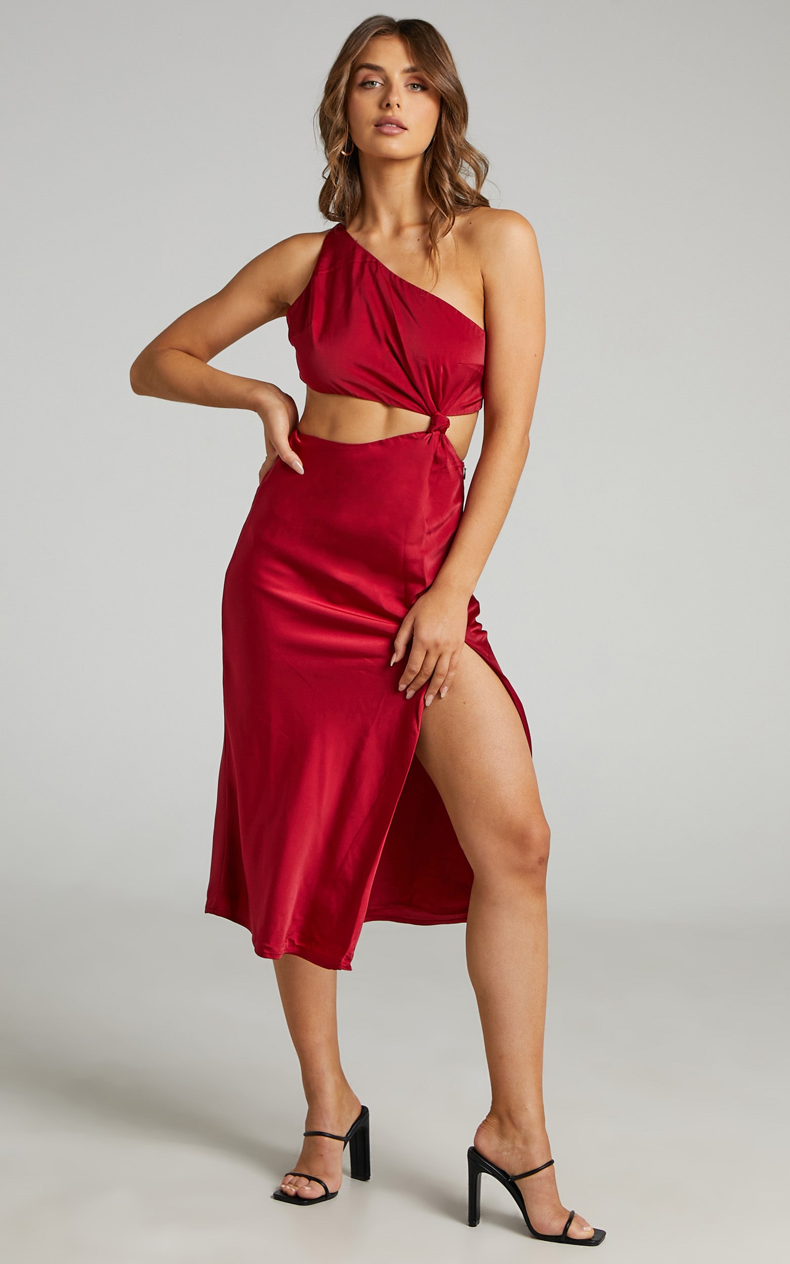 Kaniva Midi Dress - One Shoulder Open Back Dress in Red