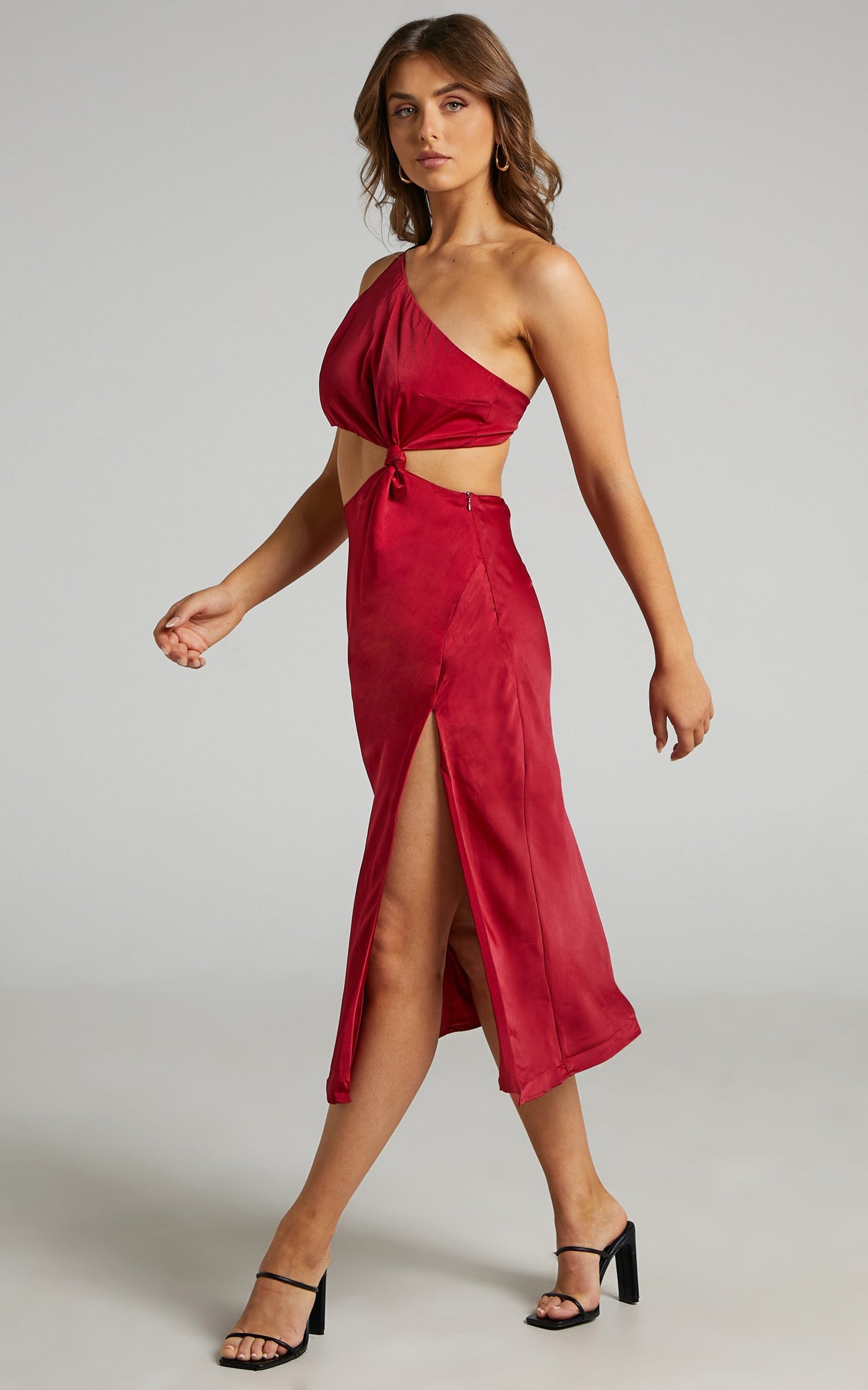 Kaniva Midi Dress - One Shoulder Open Back Dress in Red