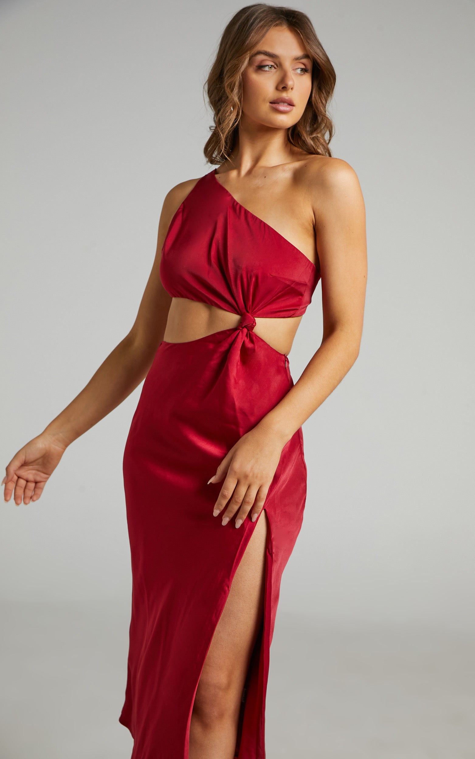 Kaniva Midi Dress - One Shoulder Open Back Dress in Red