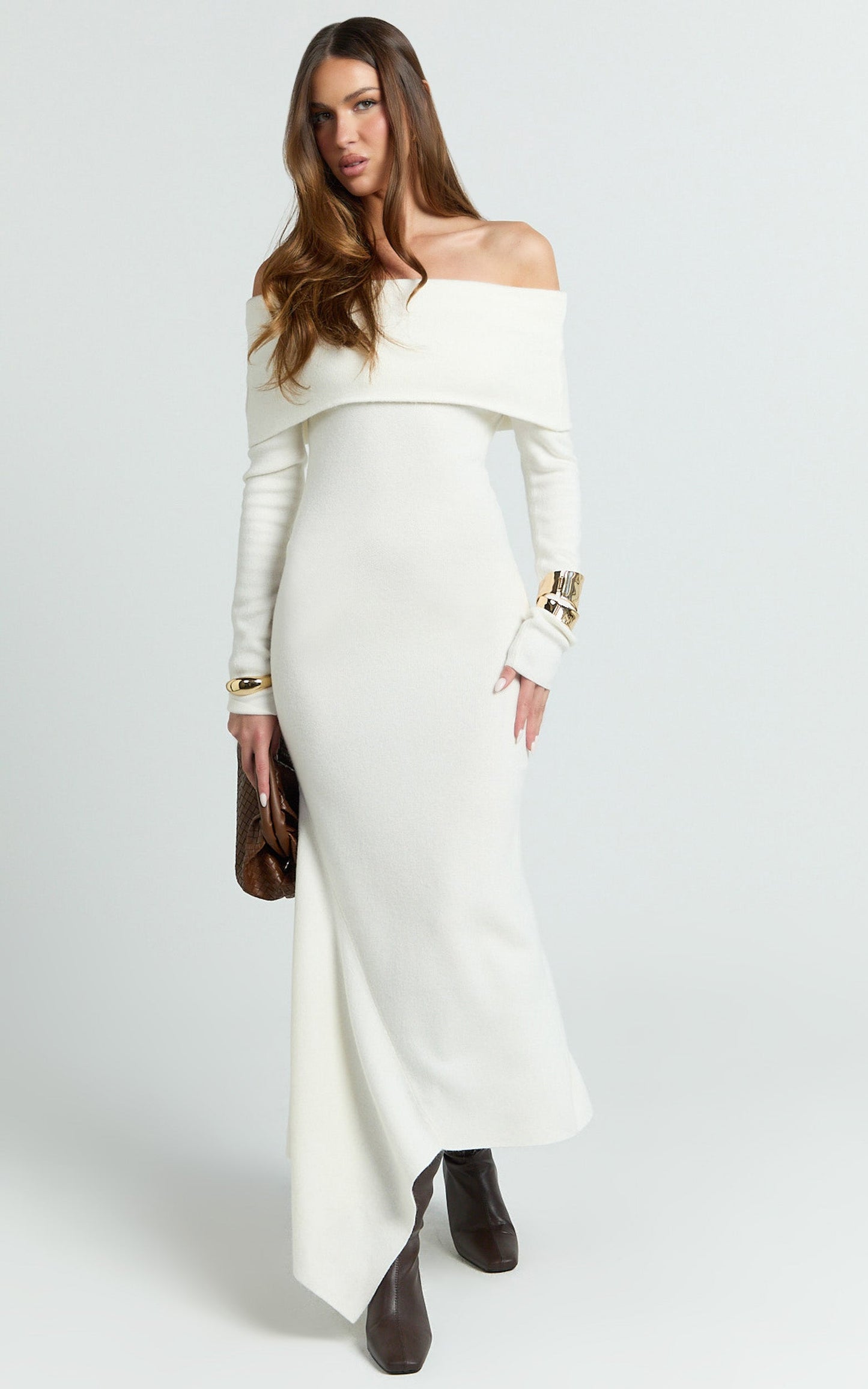 Karina Midi Dress - Long Sleeve Folded Off Shoulder Asymmetric Dress in Cream