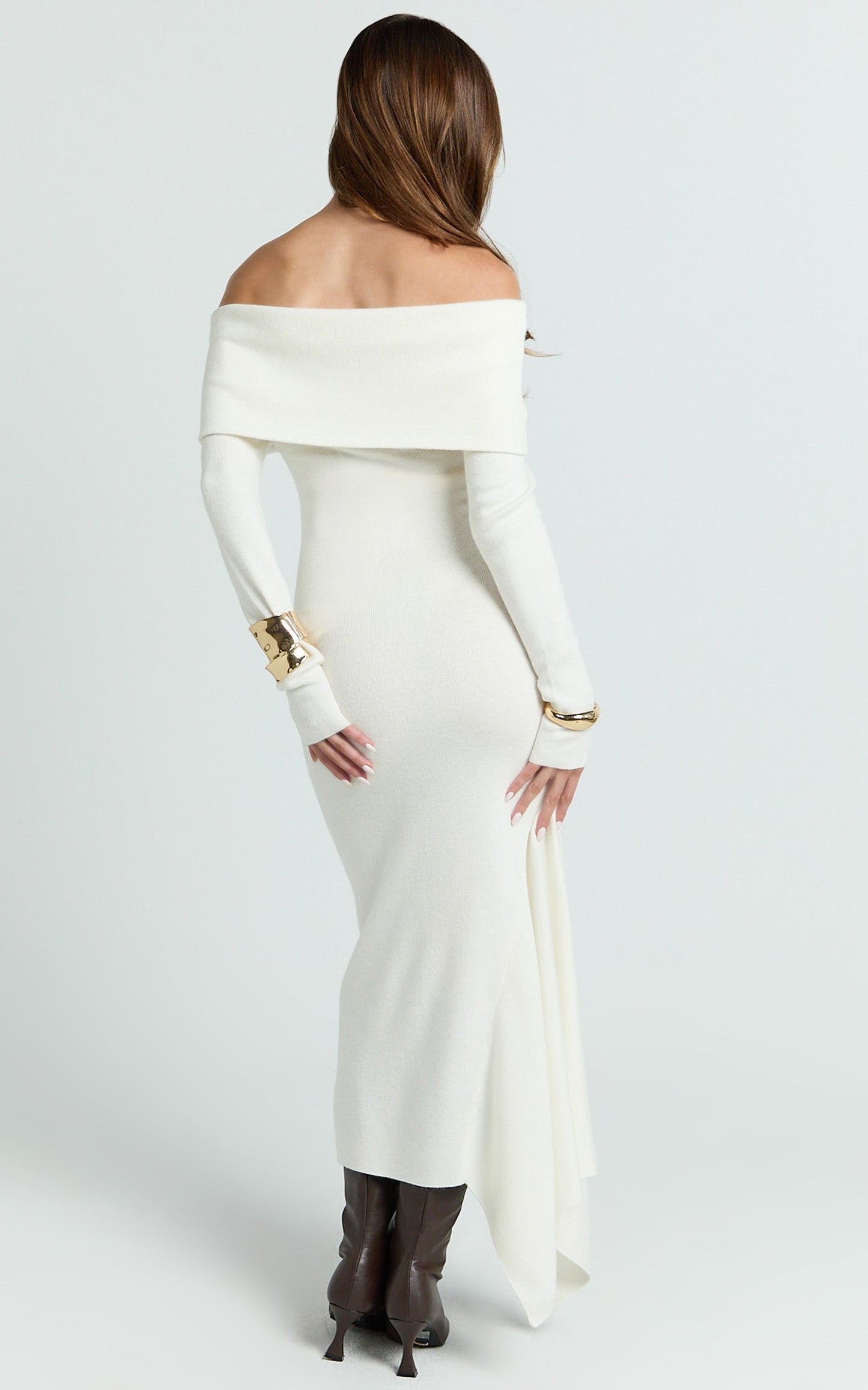 Karina Midi Dress - Long Sleeve Folded Off Shoulder Asymmetric Dress in Cream