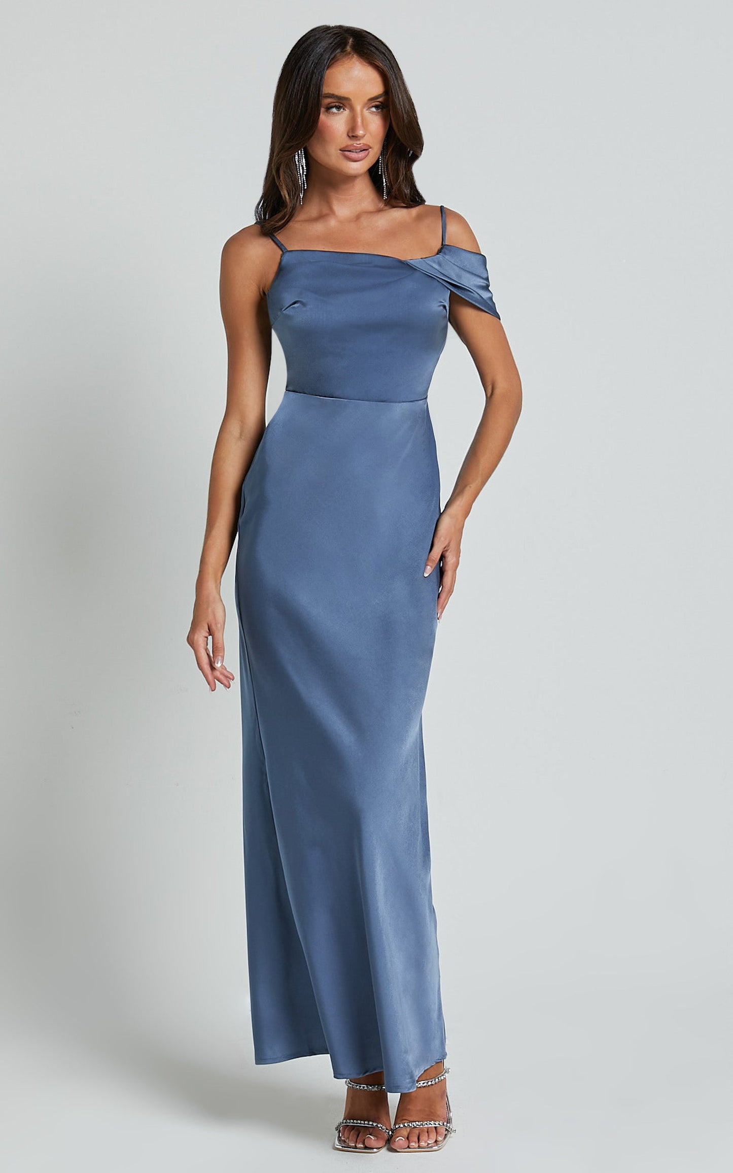 Karlen Midi Dress - Shoulder Strap Detail Satin Slip Dress in Steel Blue