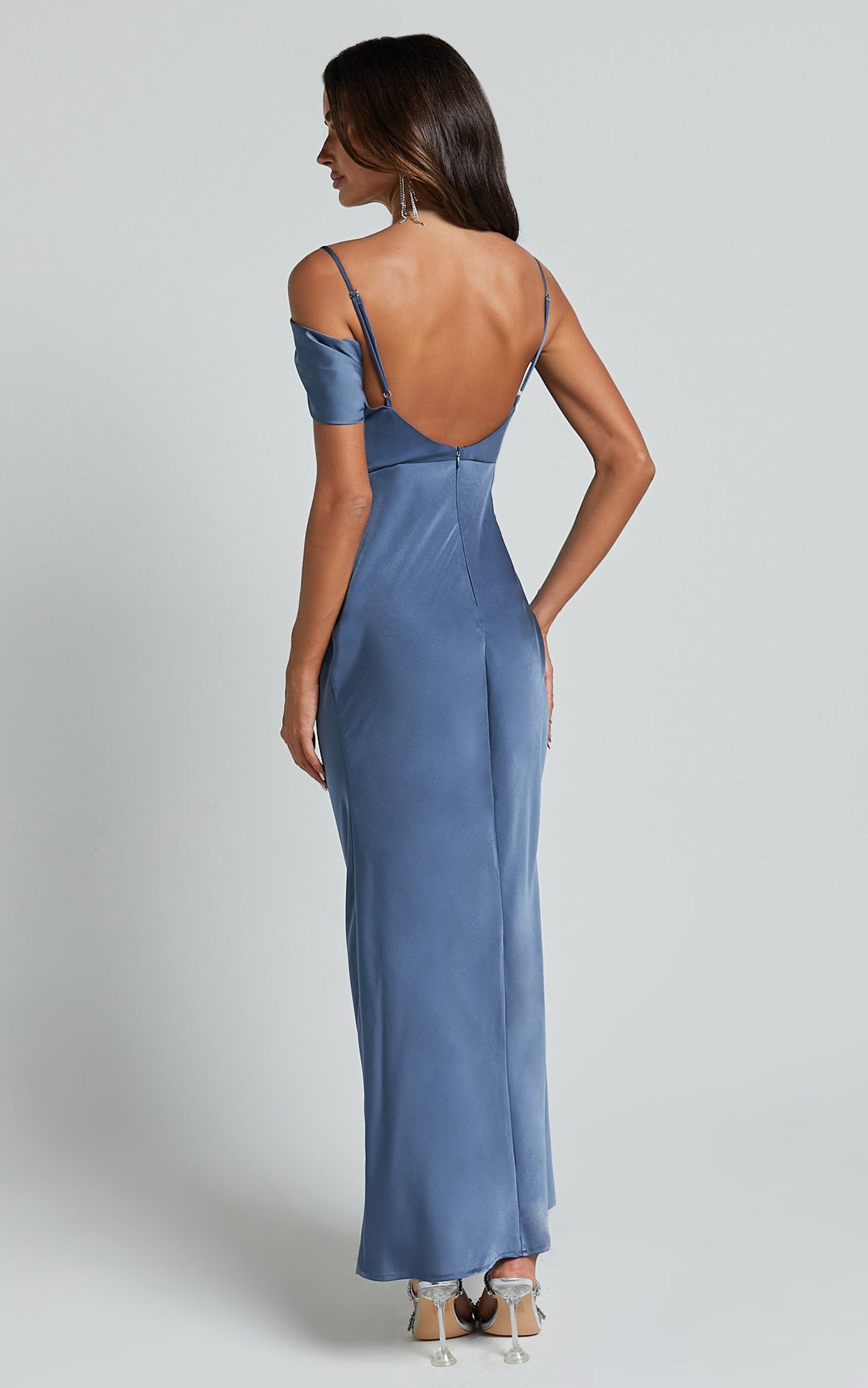 Karlen Midi Dress - Shoulder Strap Detail Satin Slip Dress in Steel Blue