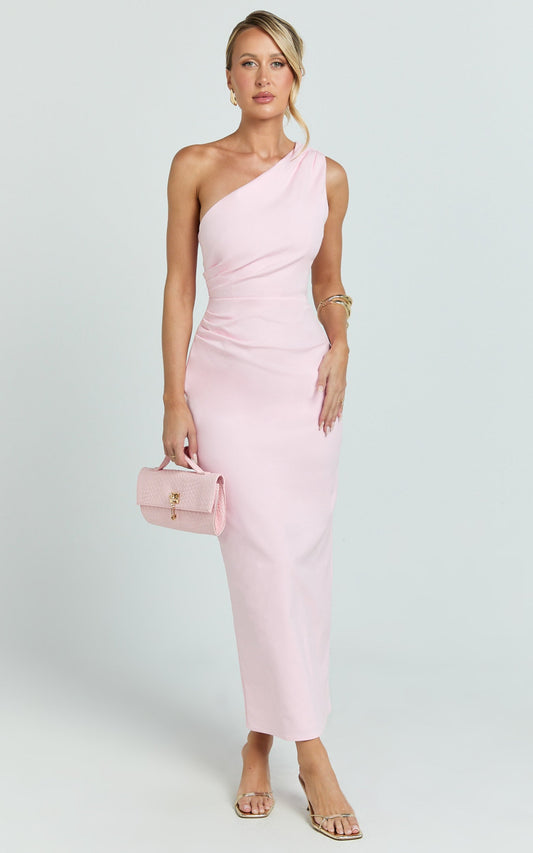 Karlie Maxi Dress - One Shoulder Fitted Dress in Pink