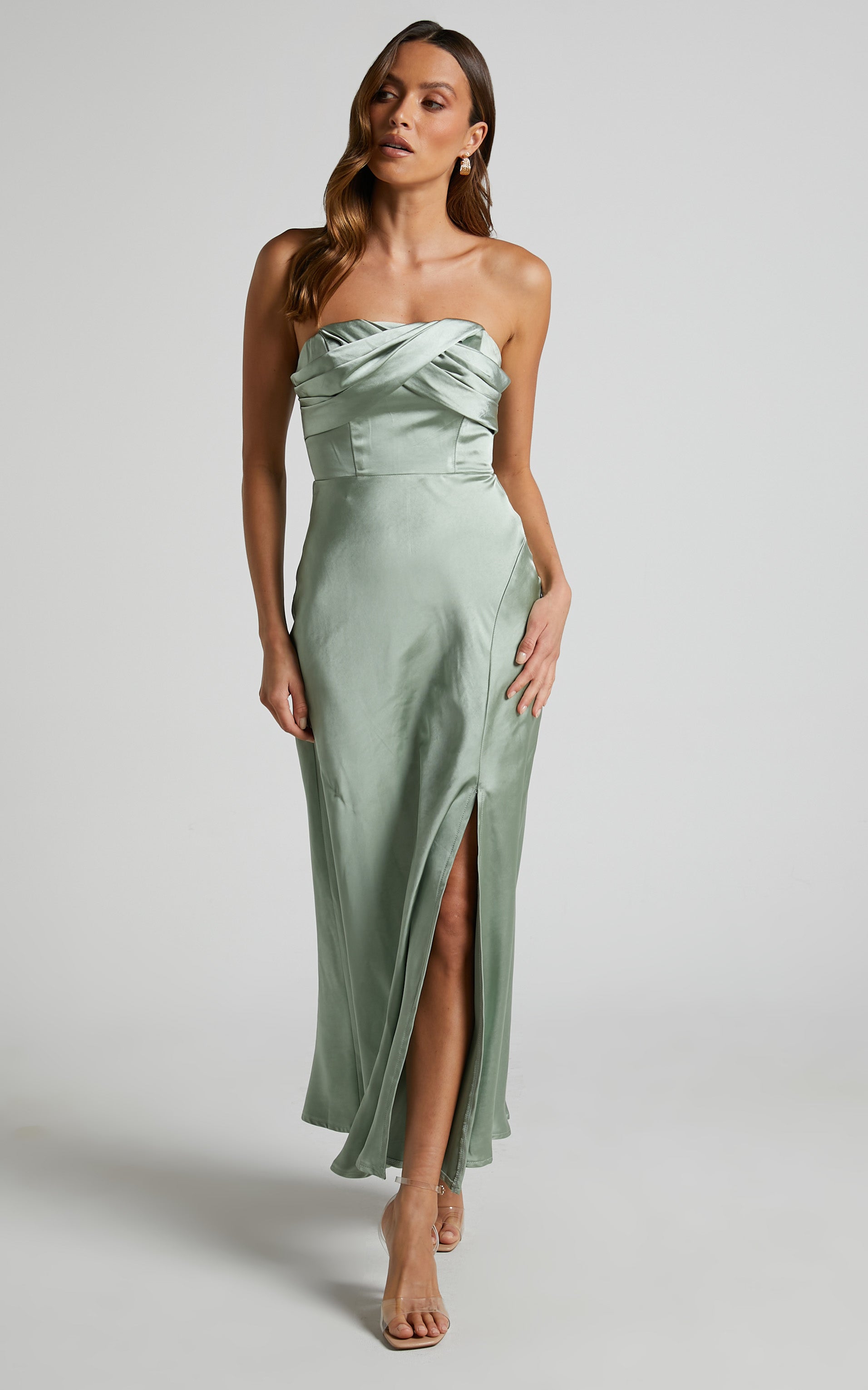 Karriel Maxi Dress - Strapless Satin Maxi Dress in Sage Green