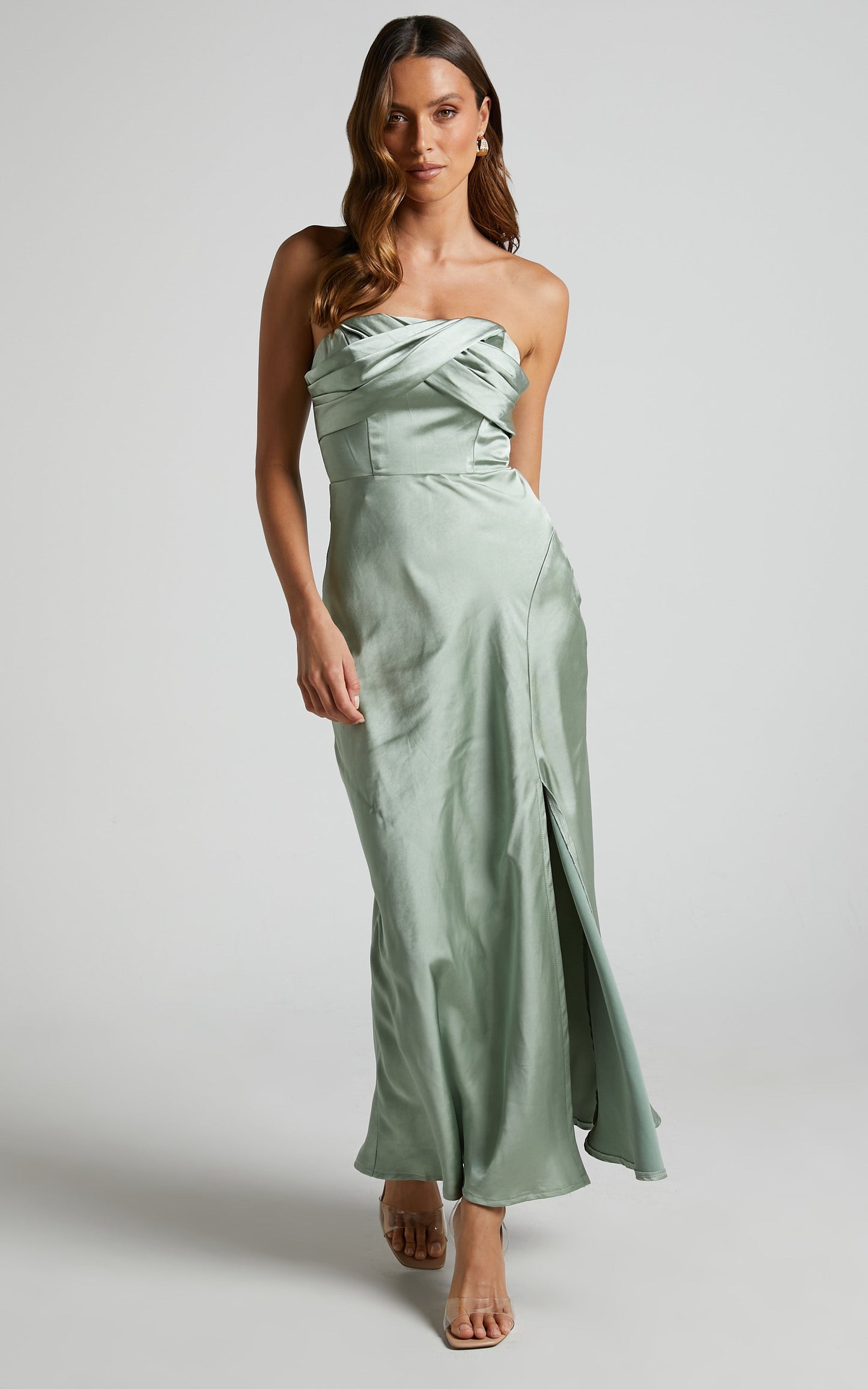 Karriel Maxi Dress - Strapless Satin Maxi Dress in Sage Green