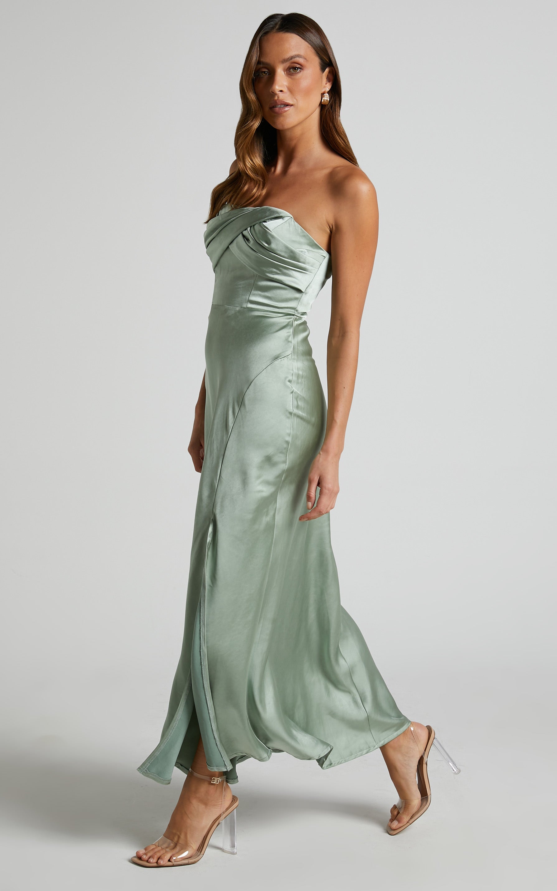 Karriel Maxi Dress - Strapless Satin Maxi Dress in Sage Green