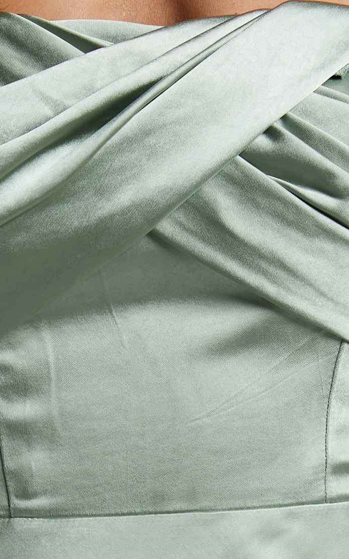 Karriel Maxi Dress - Strapless Satin Maxi Dress in Sage Green