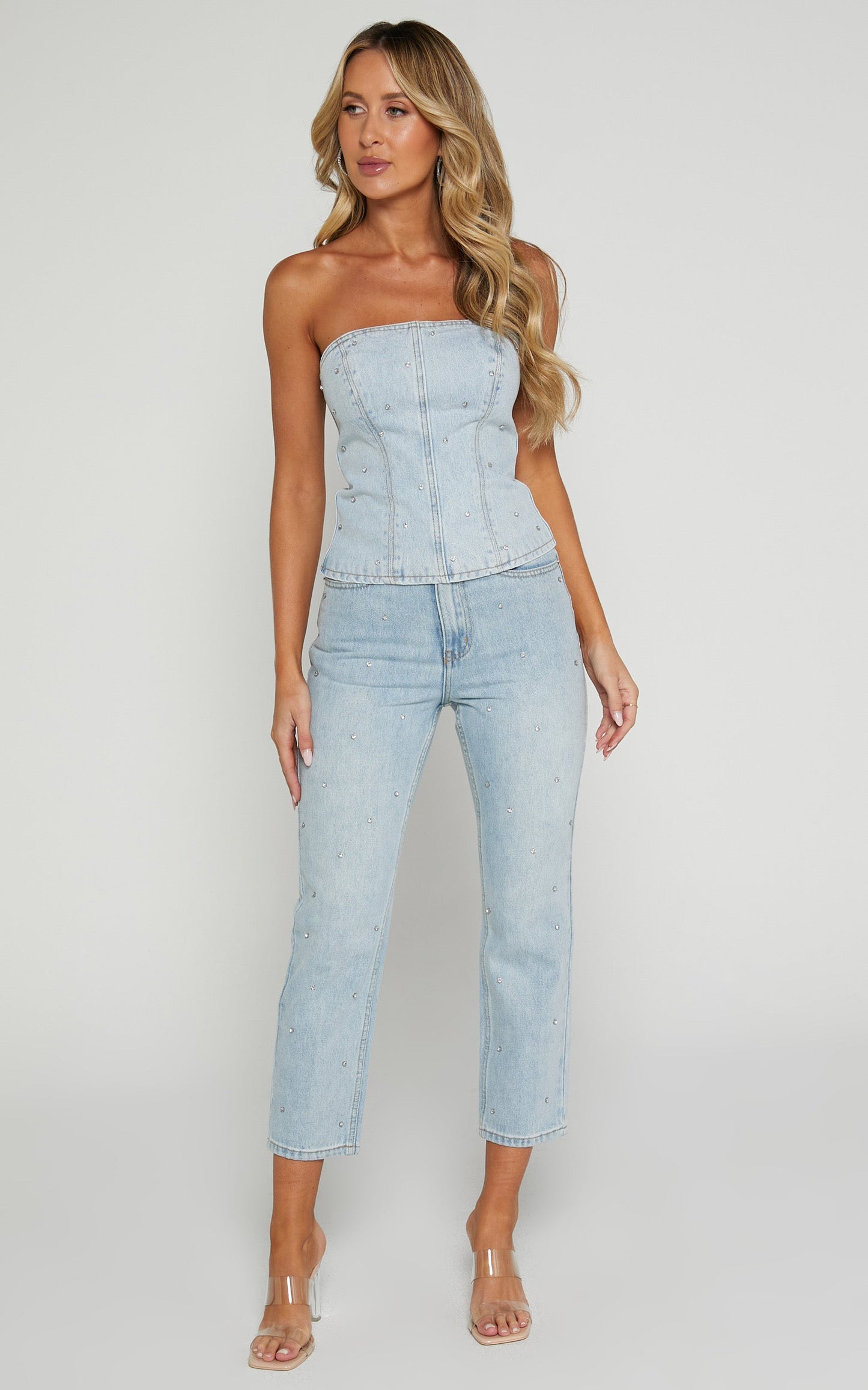 Karter Jeans - High Waisted Rhinestone Straight Leg Denim Jeans in Light Blue Wash