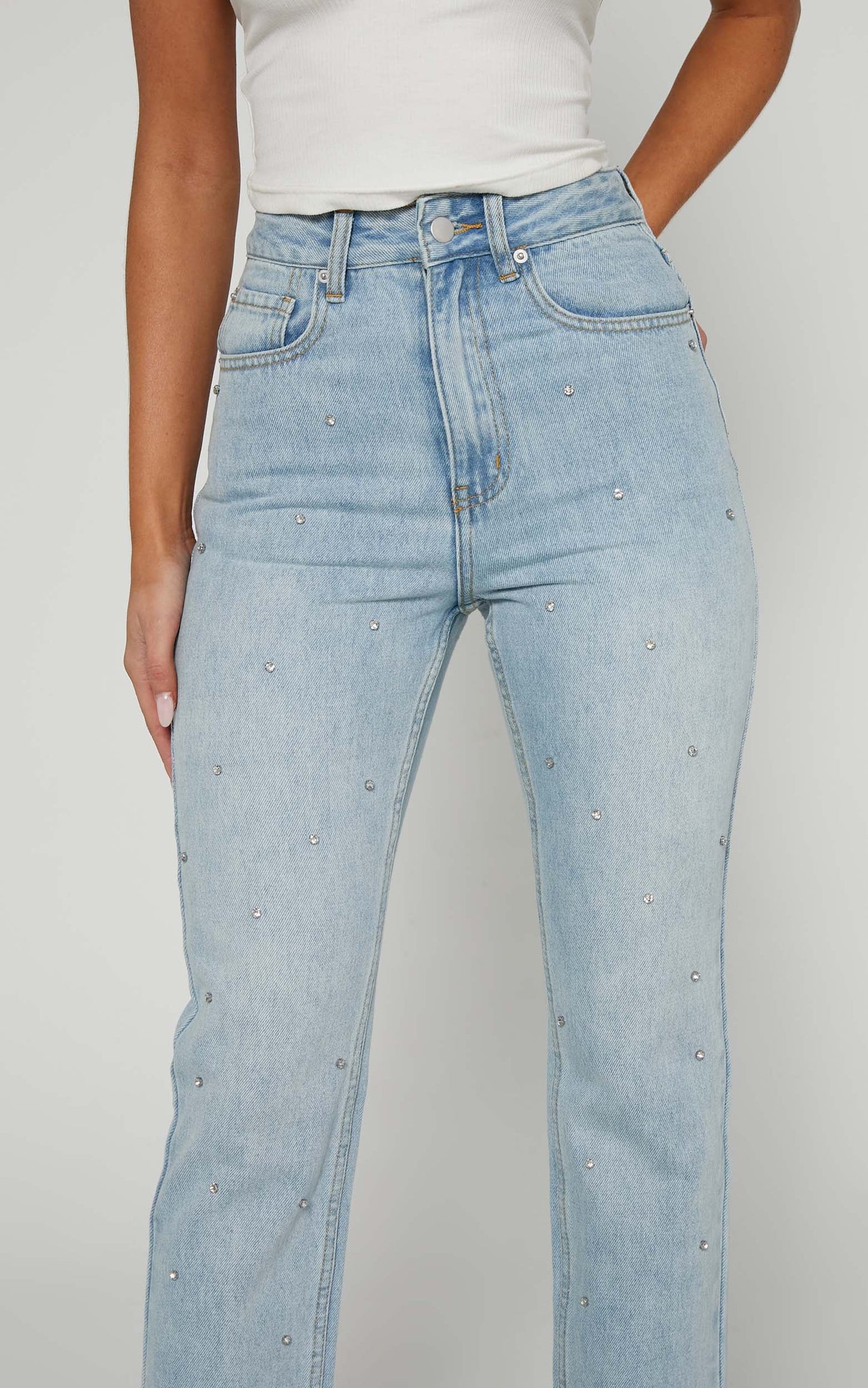 Karter Jeans - High Waisted Rhinestone Straight Leg Denim Jeans in Light Blue Wash