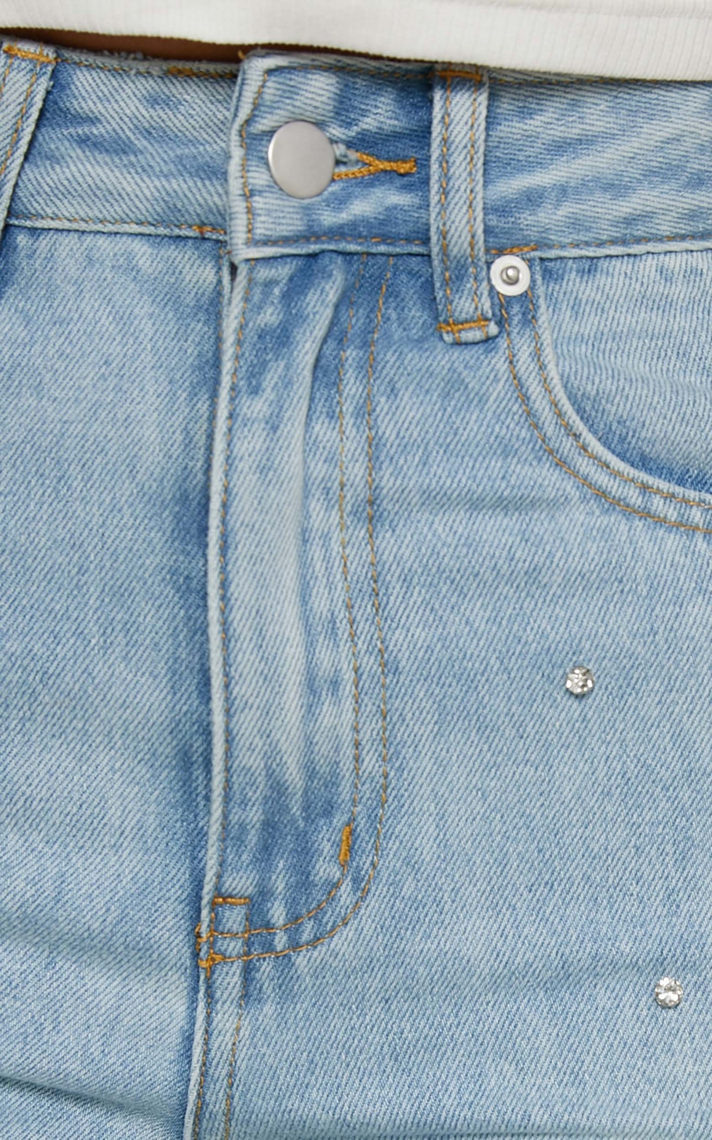 Karter Jeans - High Waisted Rhinestone Straight Leg Denim Jeans in Light Blue Wash