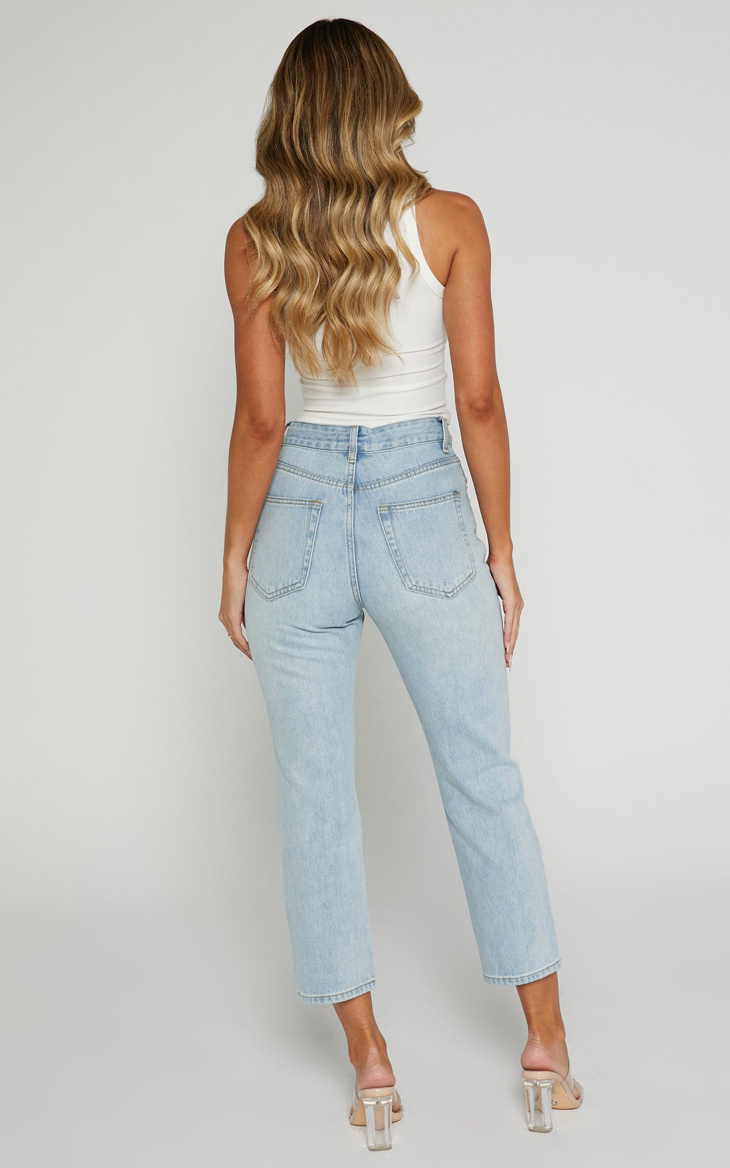 Karter Jeans - High Waisted Rhinestone Straight Leg Denim Jeans in Light Blue Wash