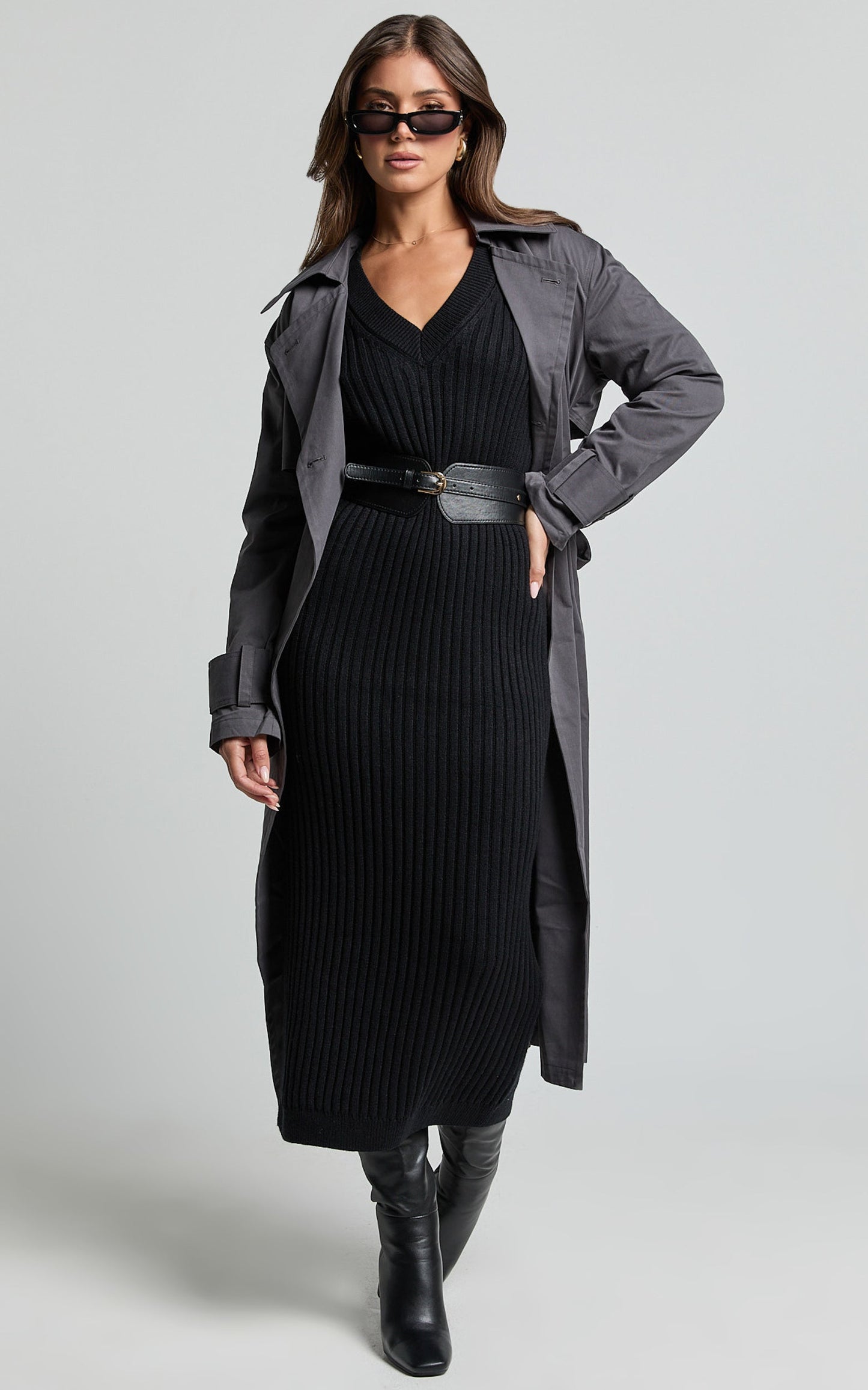 Kartia Midi Dress - V Neck Knit Dress in Black