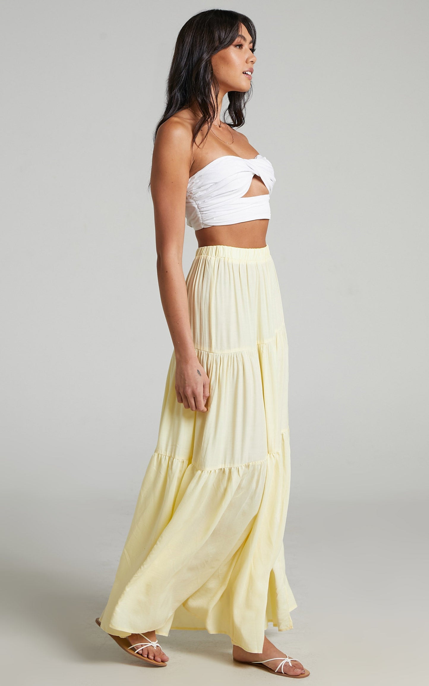 Kasiani Asymmetric Tiered Maxi Skirt in Cream
