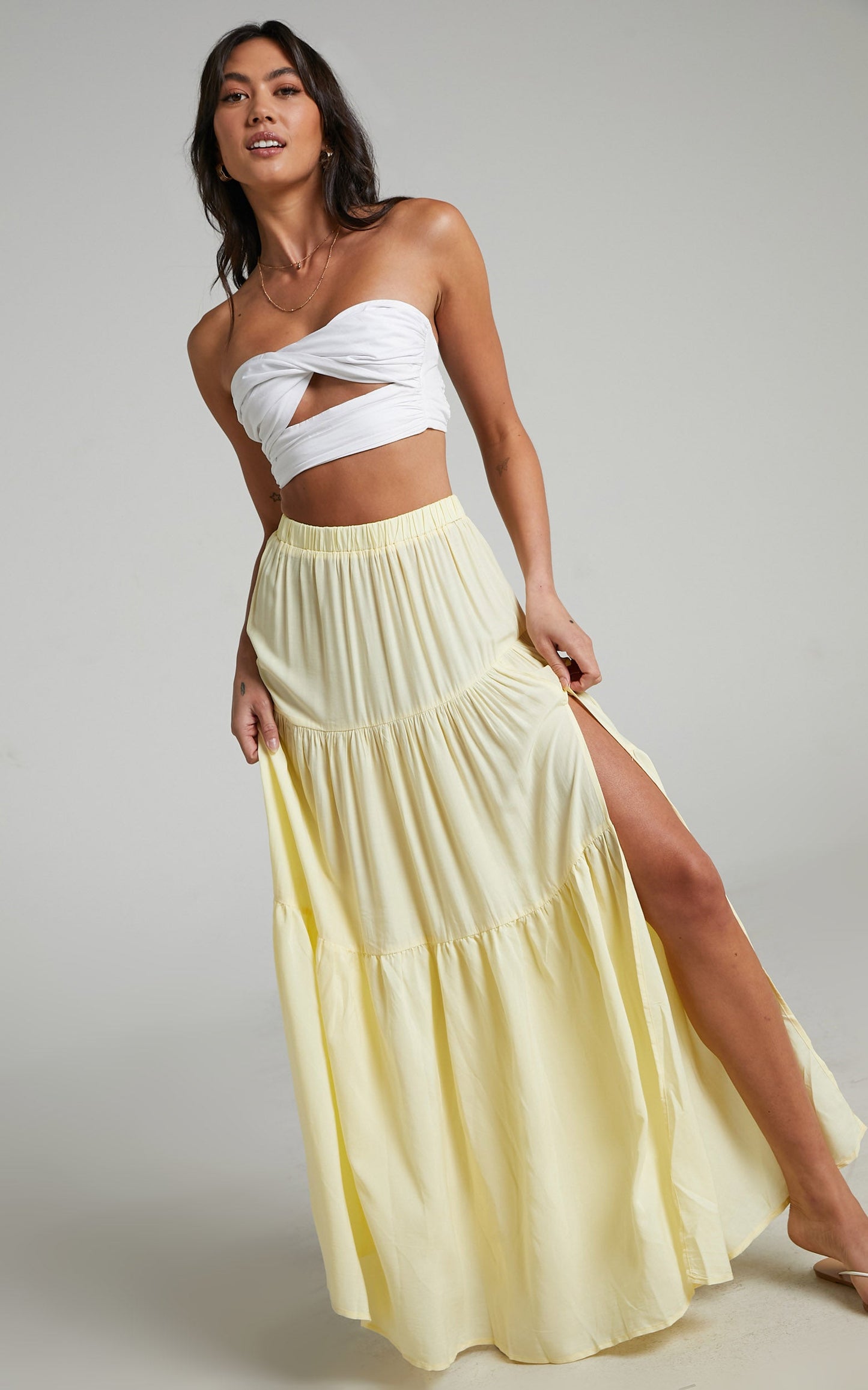 Kasiani Asymmetric Tiered Maxi Skirt in Cream
