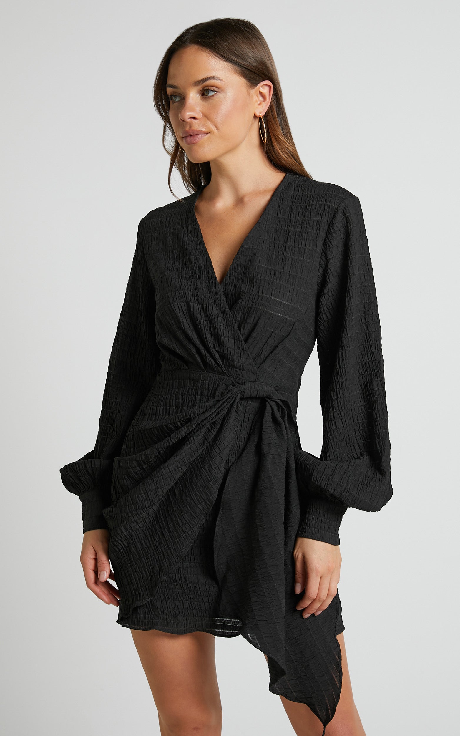 Kathlina Mini Dress - Bishop Sleeve Plunge Neck Knot Waist Detail Dress in Black