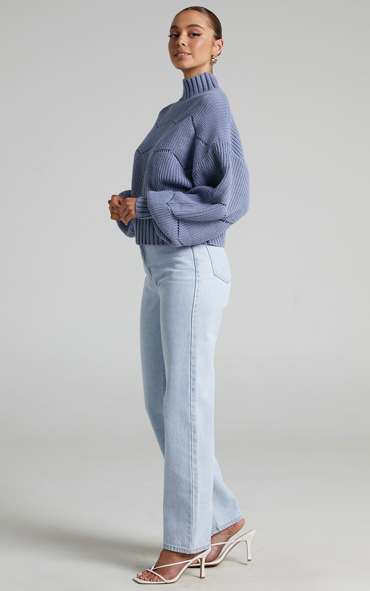 Kavitha High Neck Pointelle Knit Jumper in Light Blue