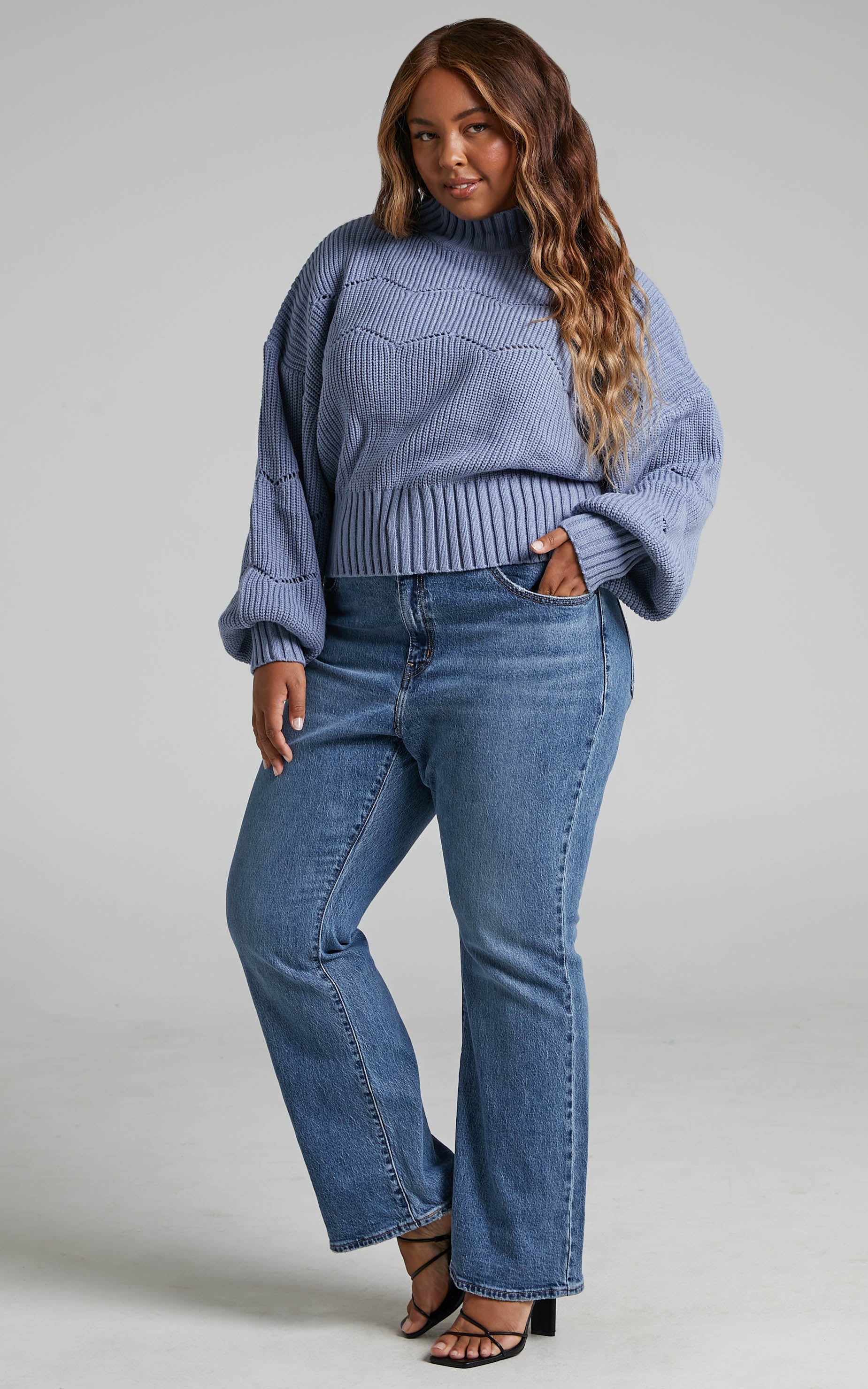 Kavitha High Neck Pointelle Knit Jumper in Light Blue