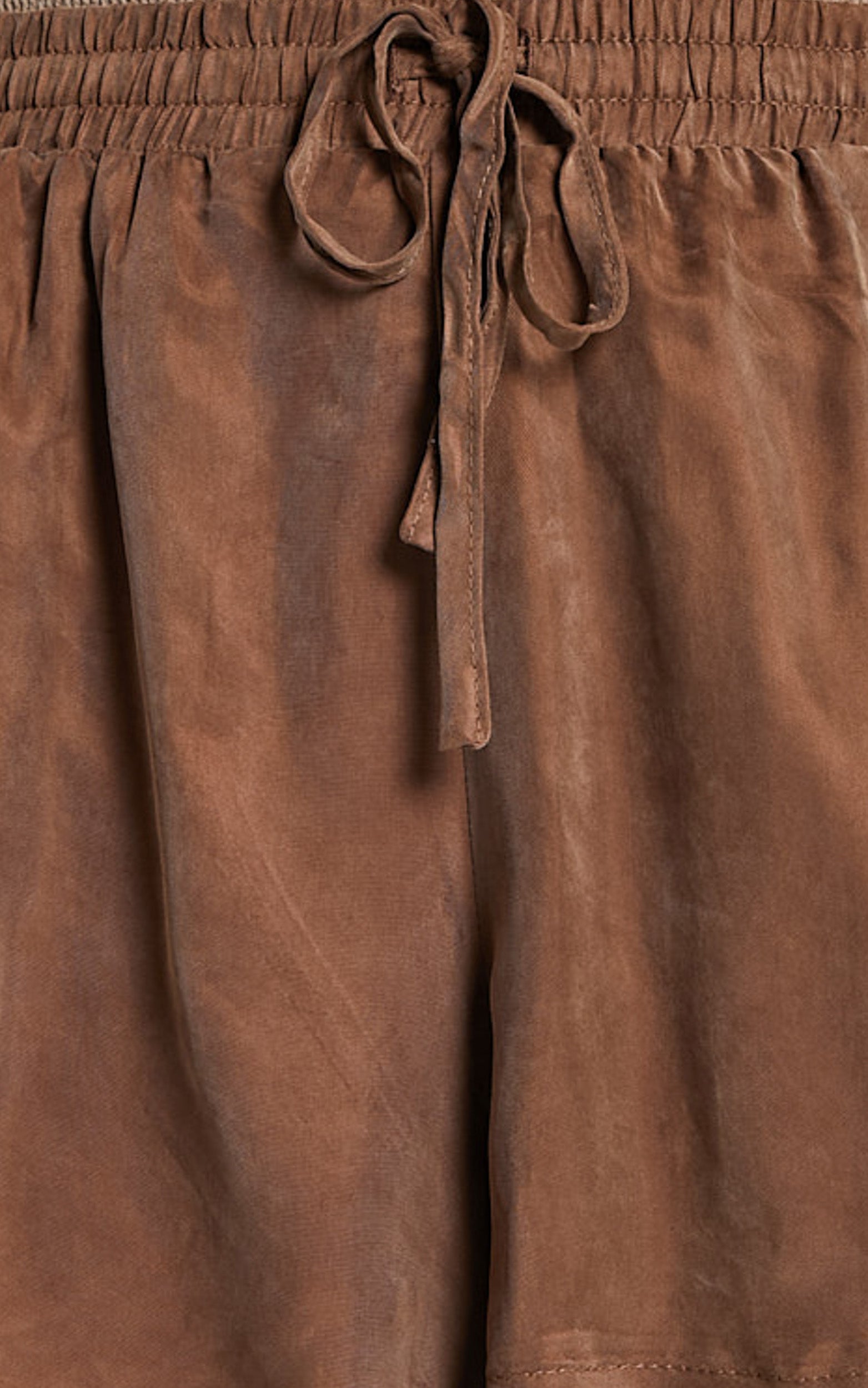 Kaya Shorts - Cupro Drawstring Asymmetrical Hem Shorts in Mocha